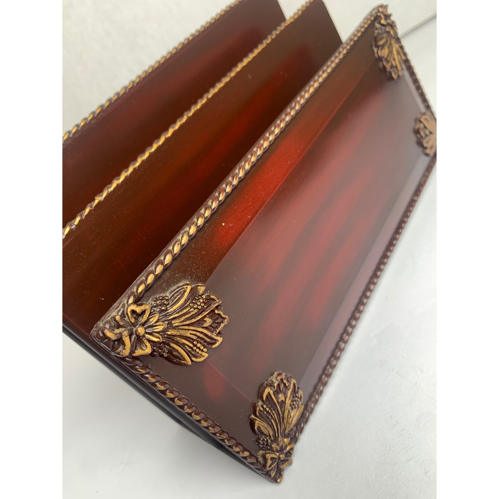 Vintage Mahogany Style Letter Organizer Gold Acanthus Leaf Desk Mail Sorter 8in