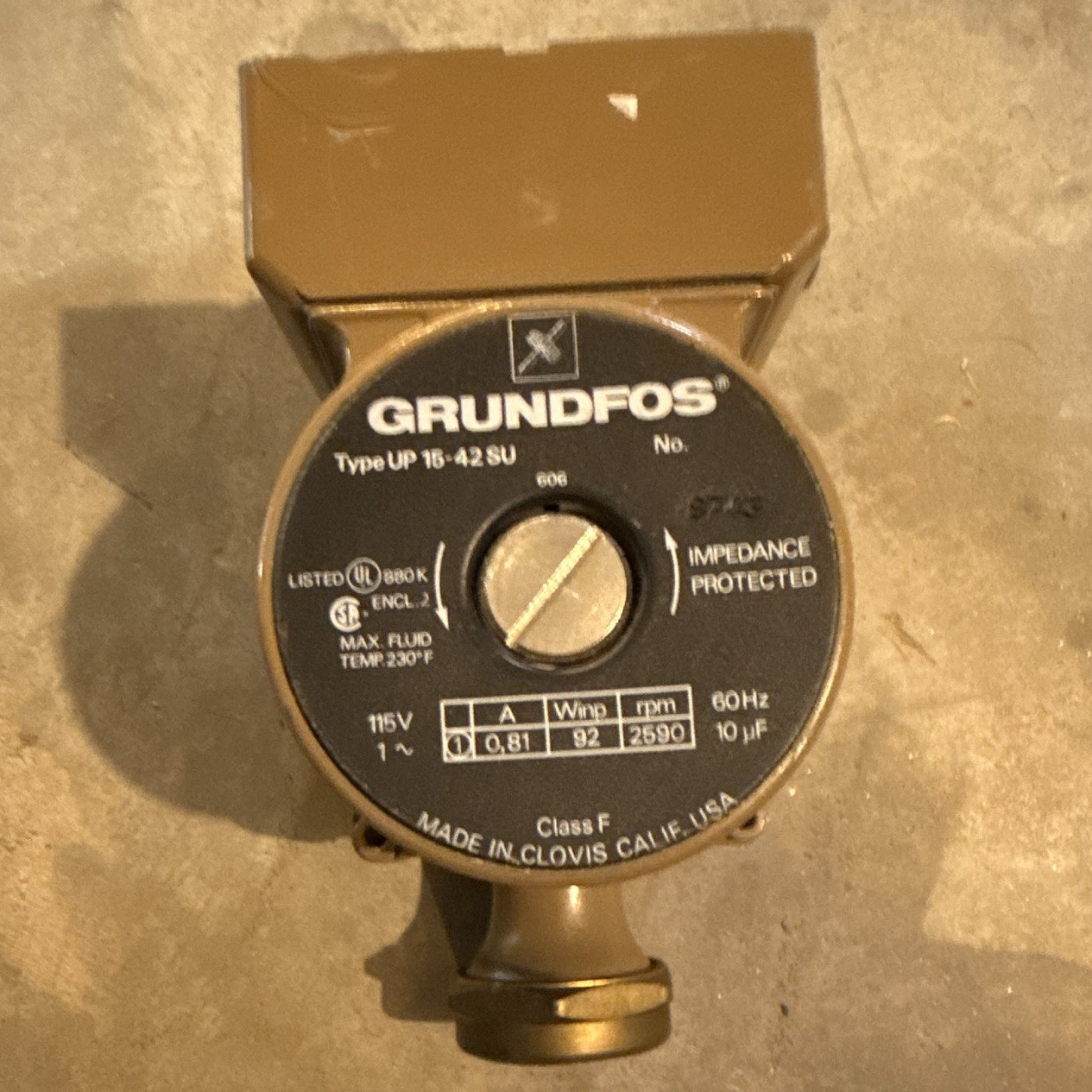 Grundfos UP 15-42 SU Bronze Circulator Pump 115V 10W 3/4in 2590 RPM