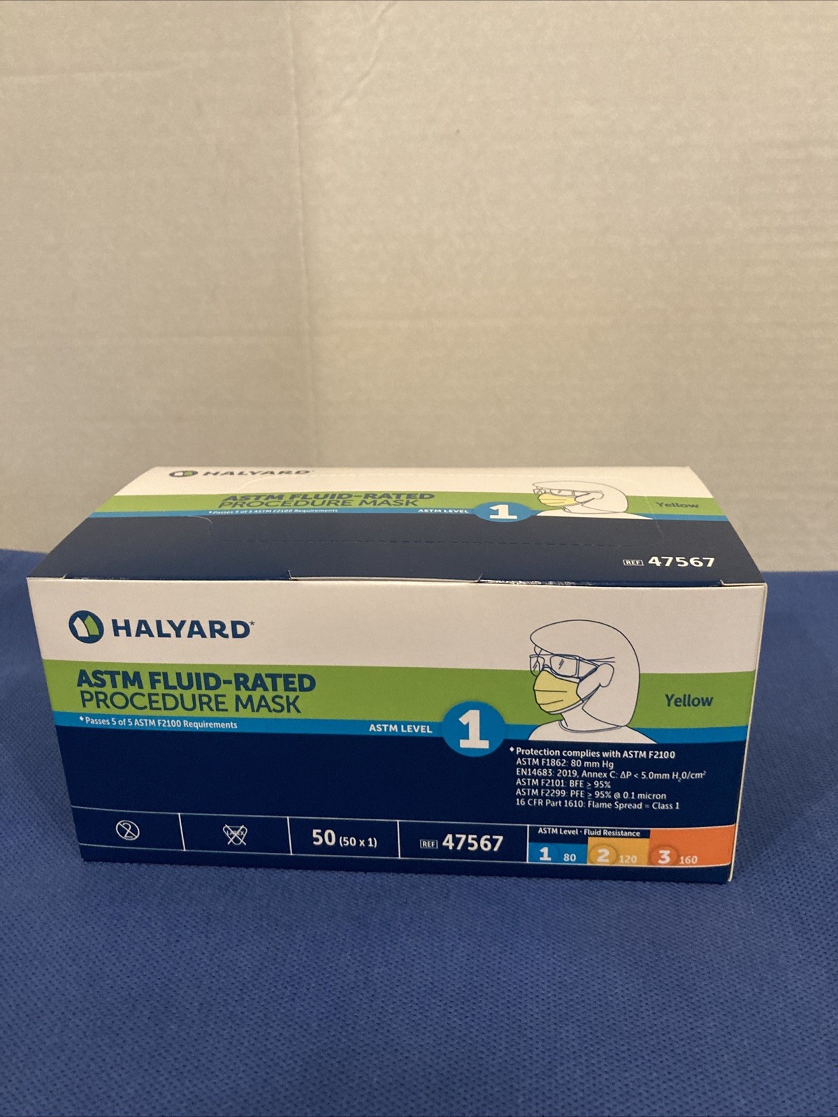 HALYARD 47567 Level 1 Disposable Procedure Mask, Earloops, Yellow, 50 Count Lot
