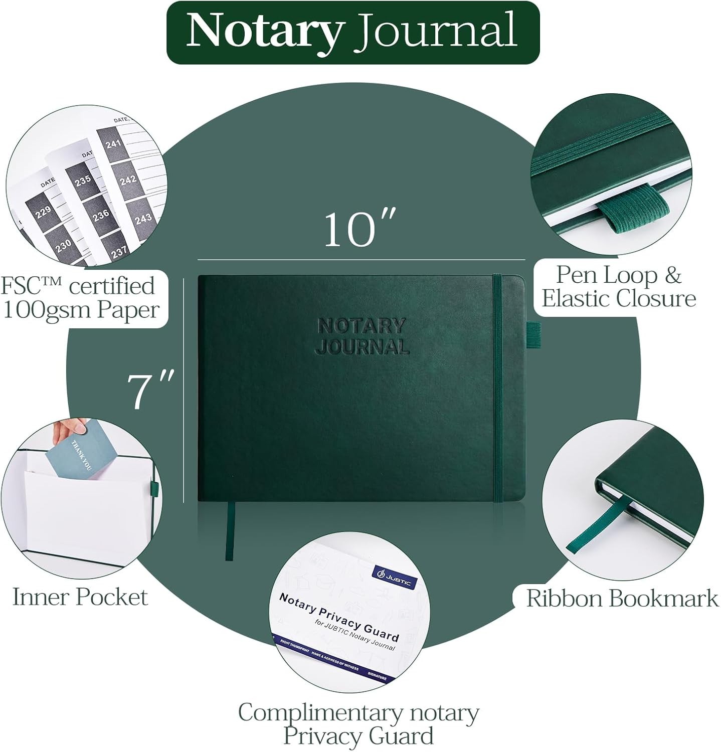 JUBTIC Notary Journal Log Book – Public of 10×7, Dark Green