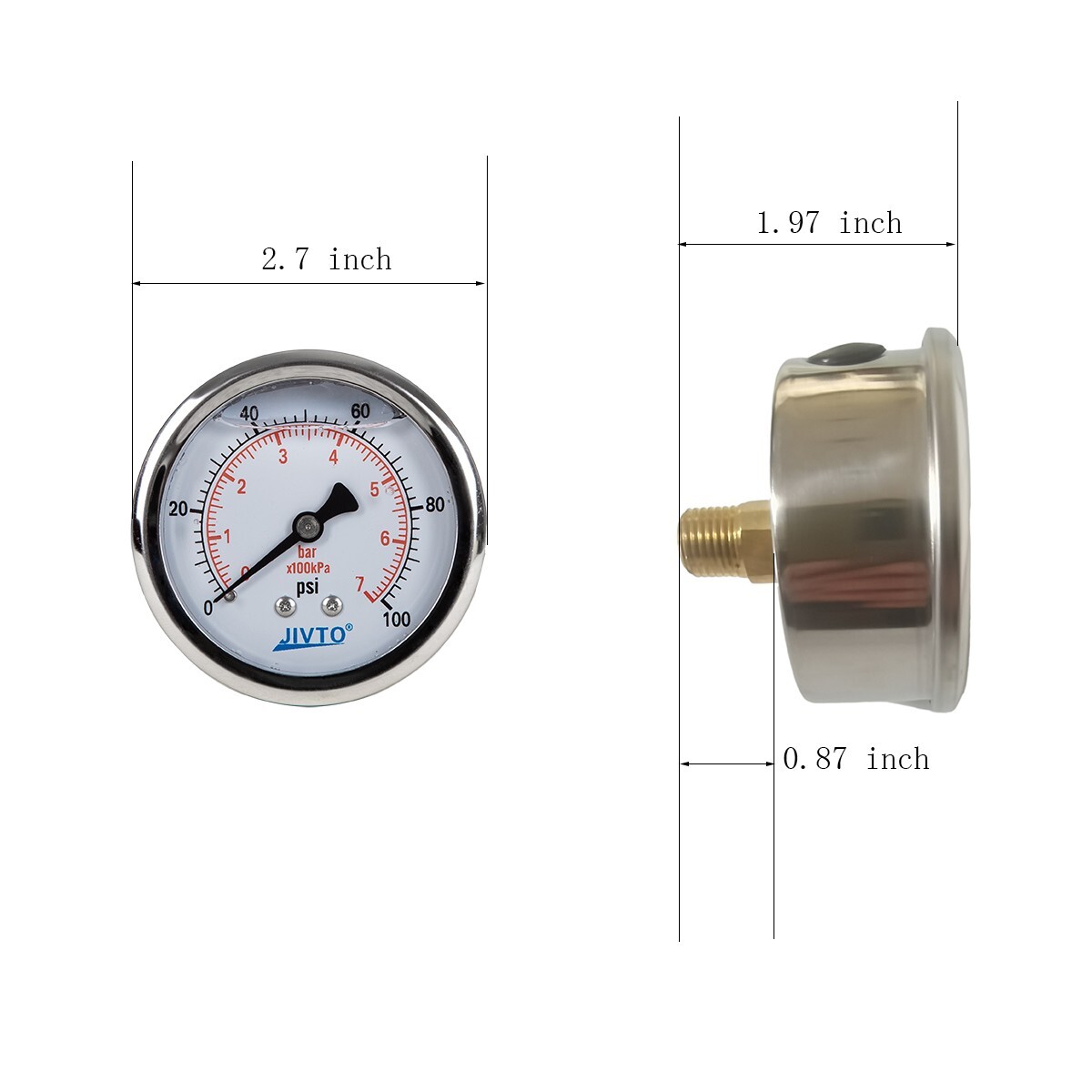 Pressure Gauge,Glycerin Filled,2-1/2″ Dia,0-100 PSI, 1/4 NPT Back Mount