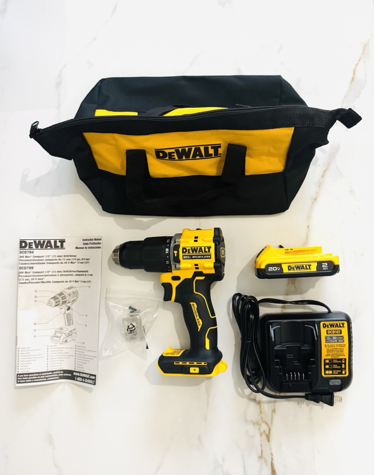 New DeWalt Genuine DCD799B ATOMIC COMPACT 20V Brushless 1/2” Hammer Drill Kit