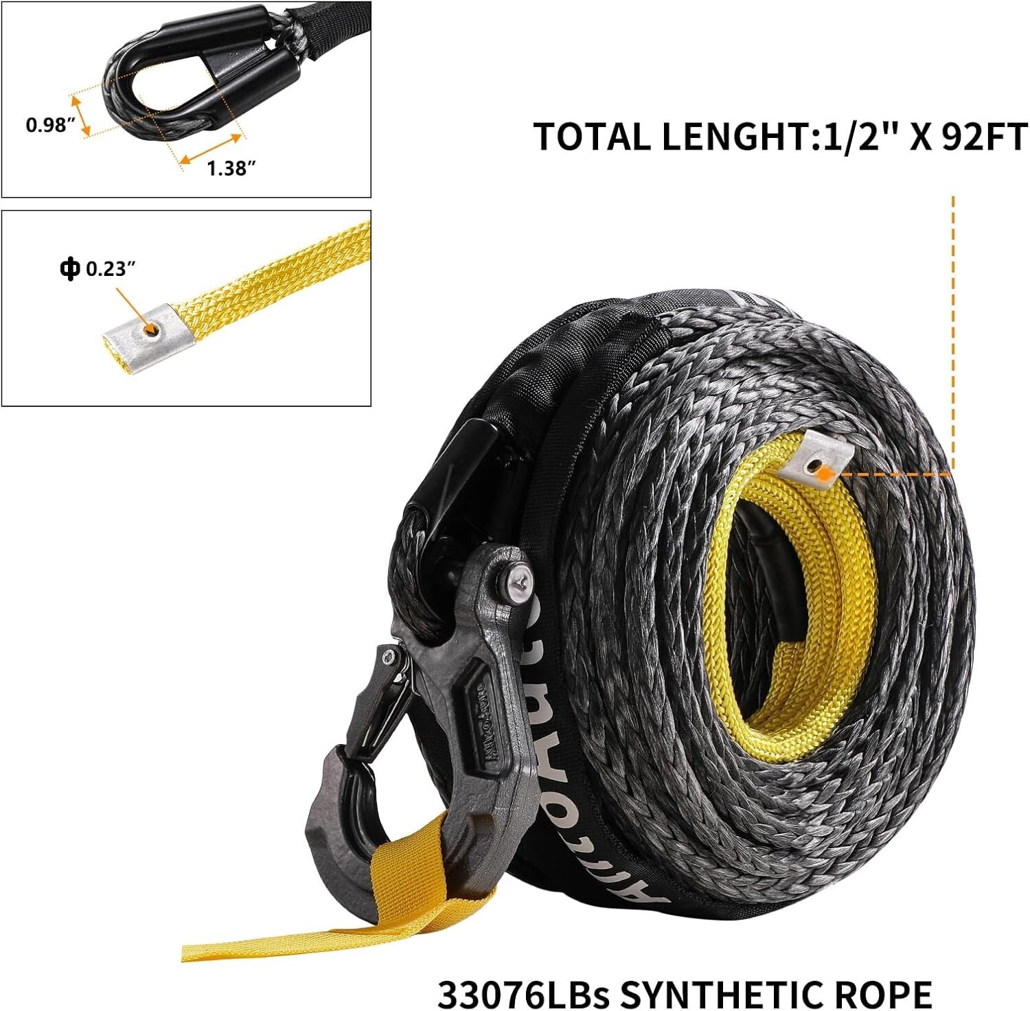 Winch Rope with Hook, 1/2″ x 92′-33076lbs Dyneema Synthetic Winch Rope Line C…