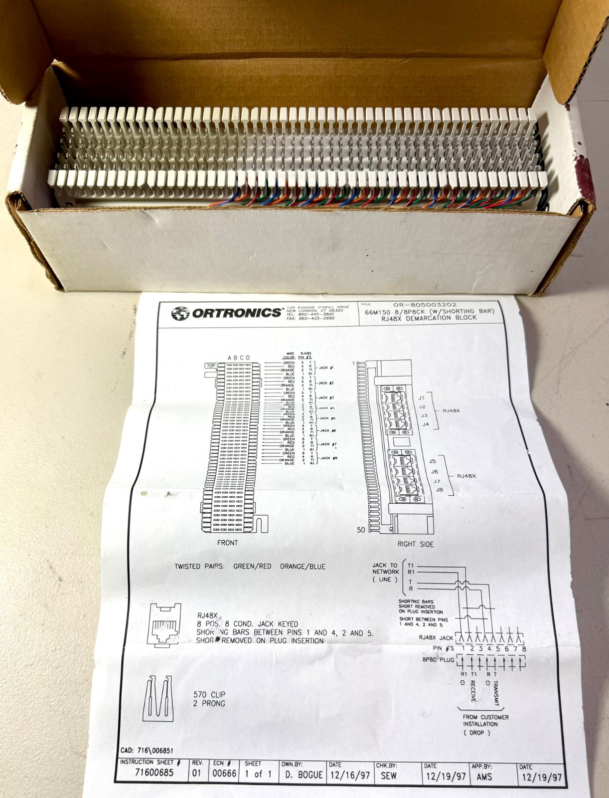 ORTRONICS OR-805003202 S66M150 8/8P8CK T1-Network Interface Block w/Shorting Bar