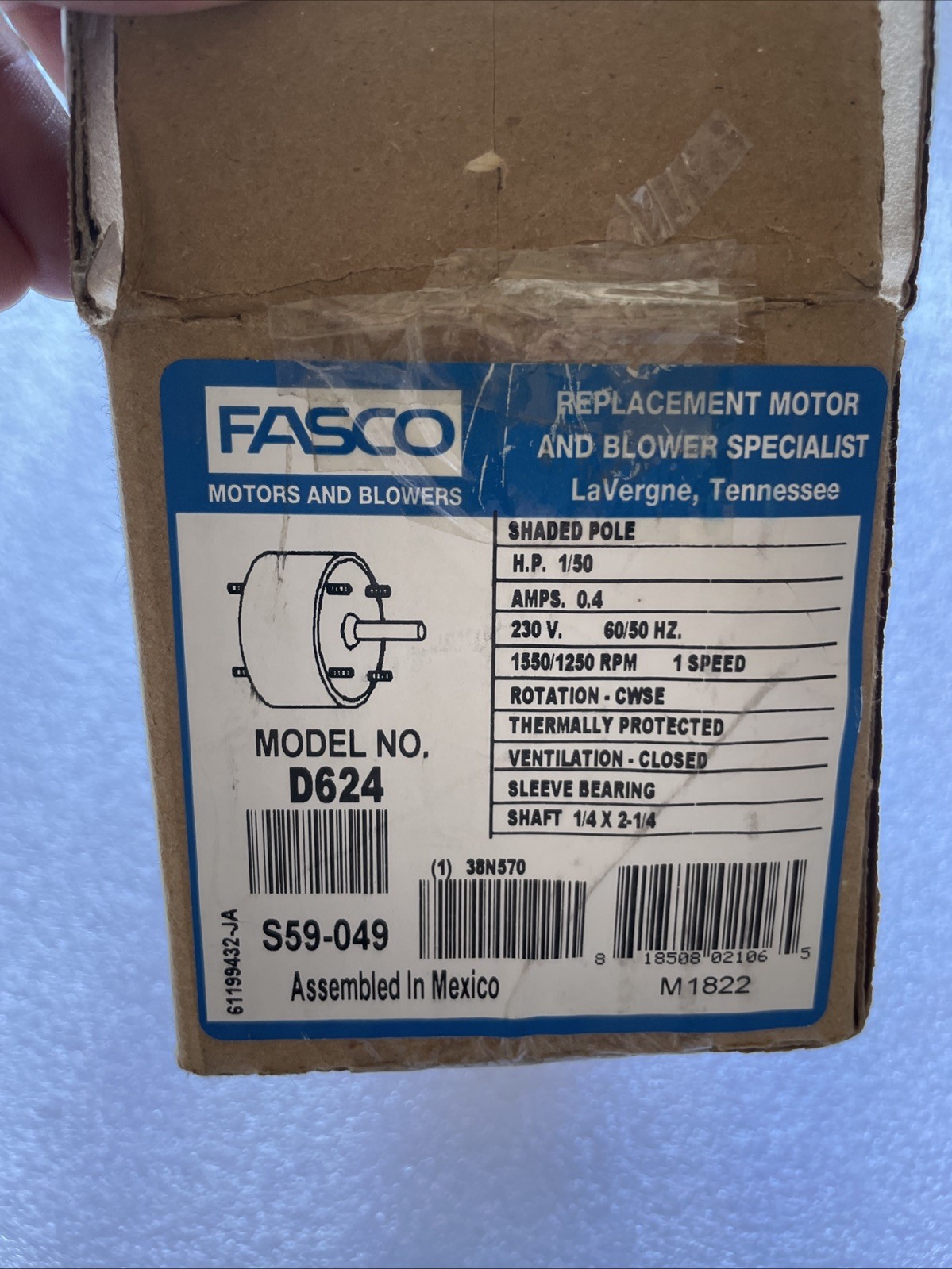 Fasco D624 HVAC Motor. 3.3 Frame, 1/00 Hp, 230V. NEW In Box.