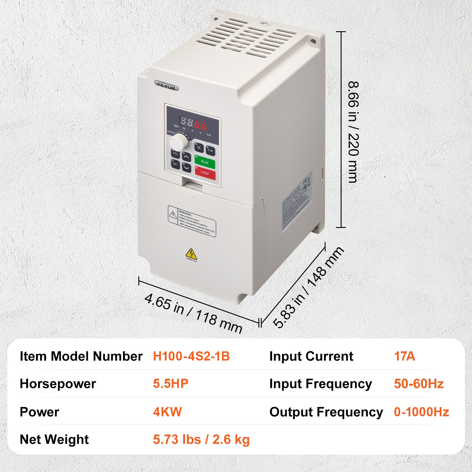 VEVOR 4KW 220V 5HP RS485 Variable Frequency Drive Converter VFD Inverter+Cable