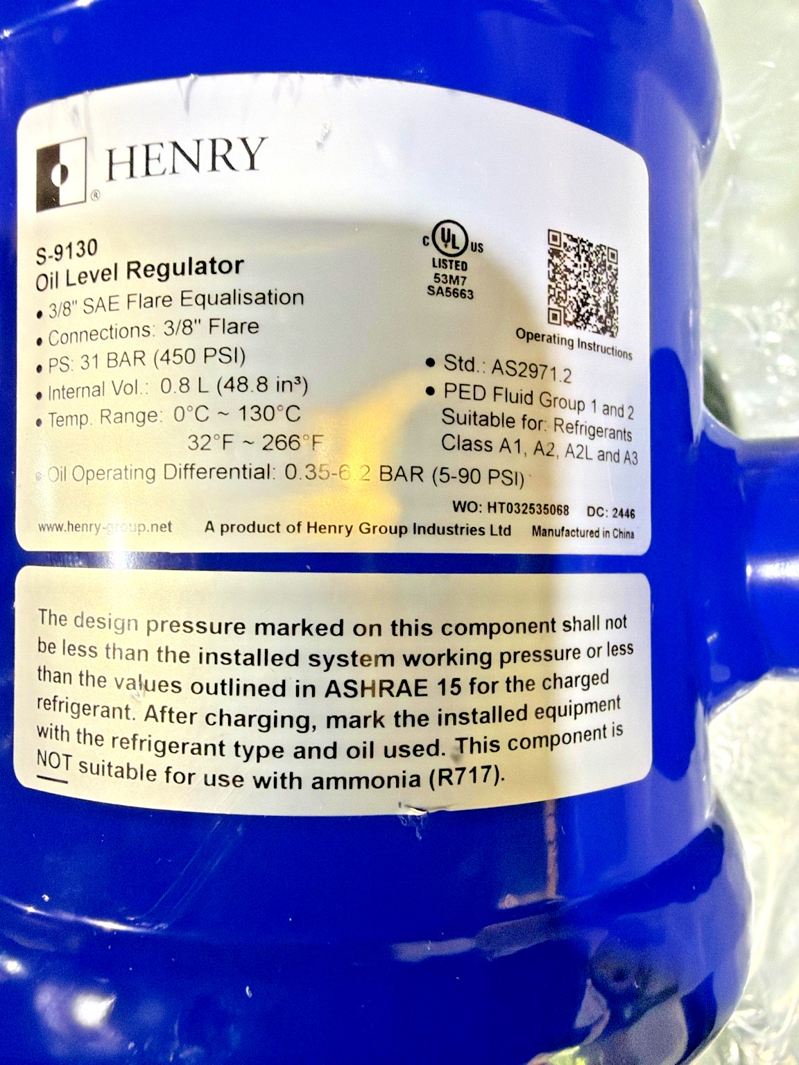 Henry S-9130 Oil Level Regulator 3/8″ SAE Flare 450 PSI Refrigeration OEM