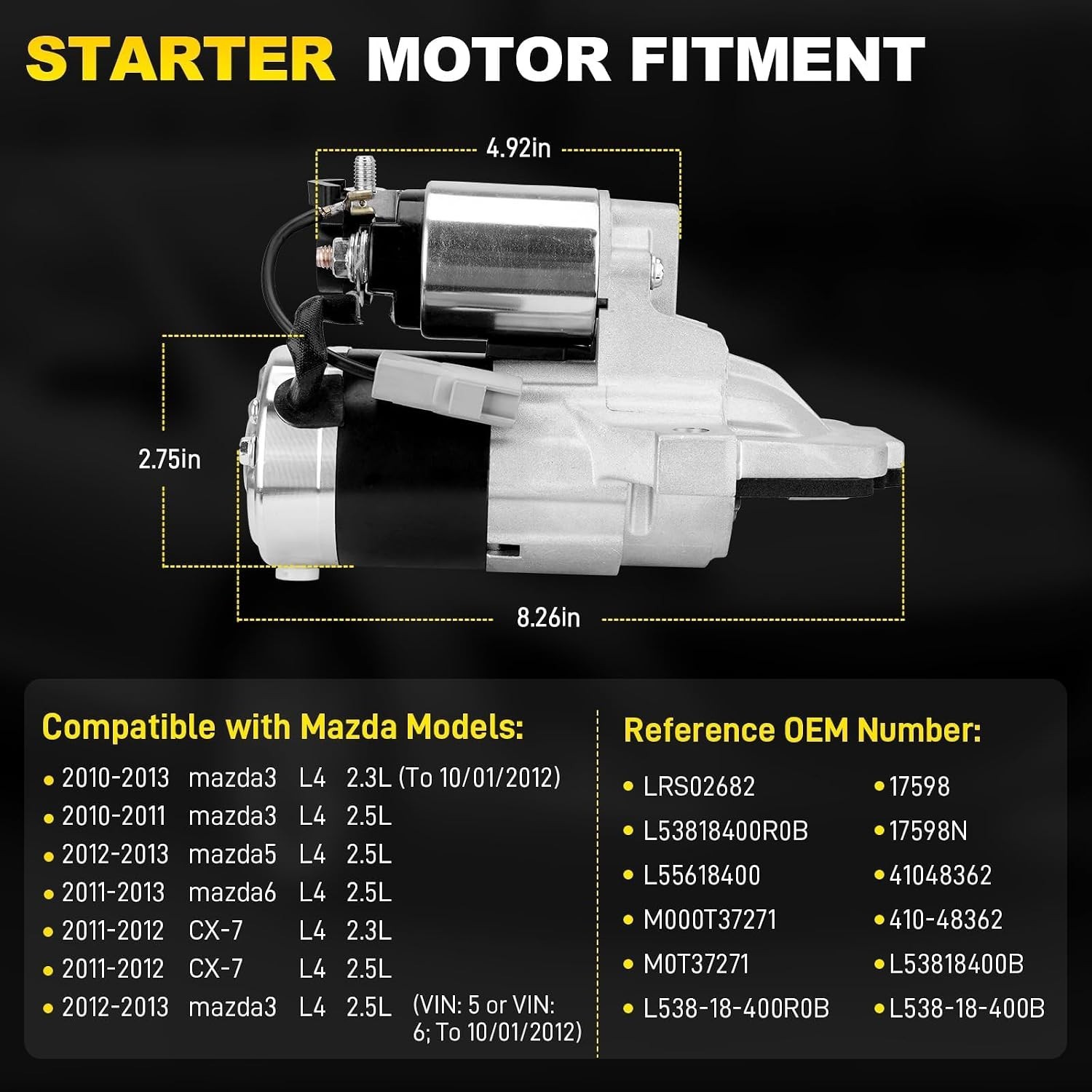 Starter Motor Compatible with 2010-2013 Mazda 3 2012-2013 Mazda 5 2011-2013