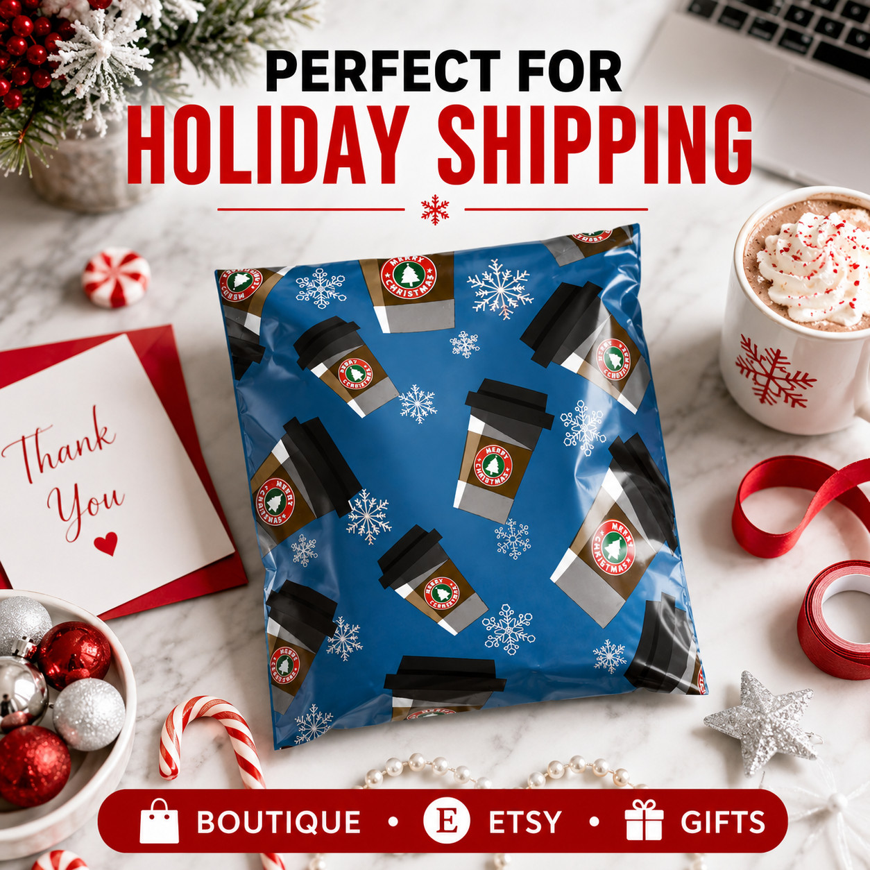 Peppermint Mocha Poly Mailers 6×9 Christmas Self Seal Shipping Bags