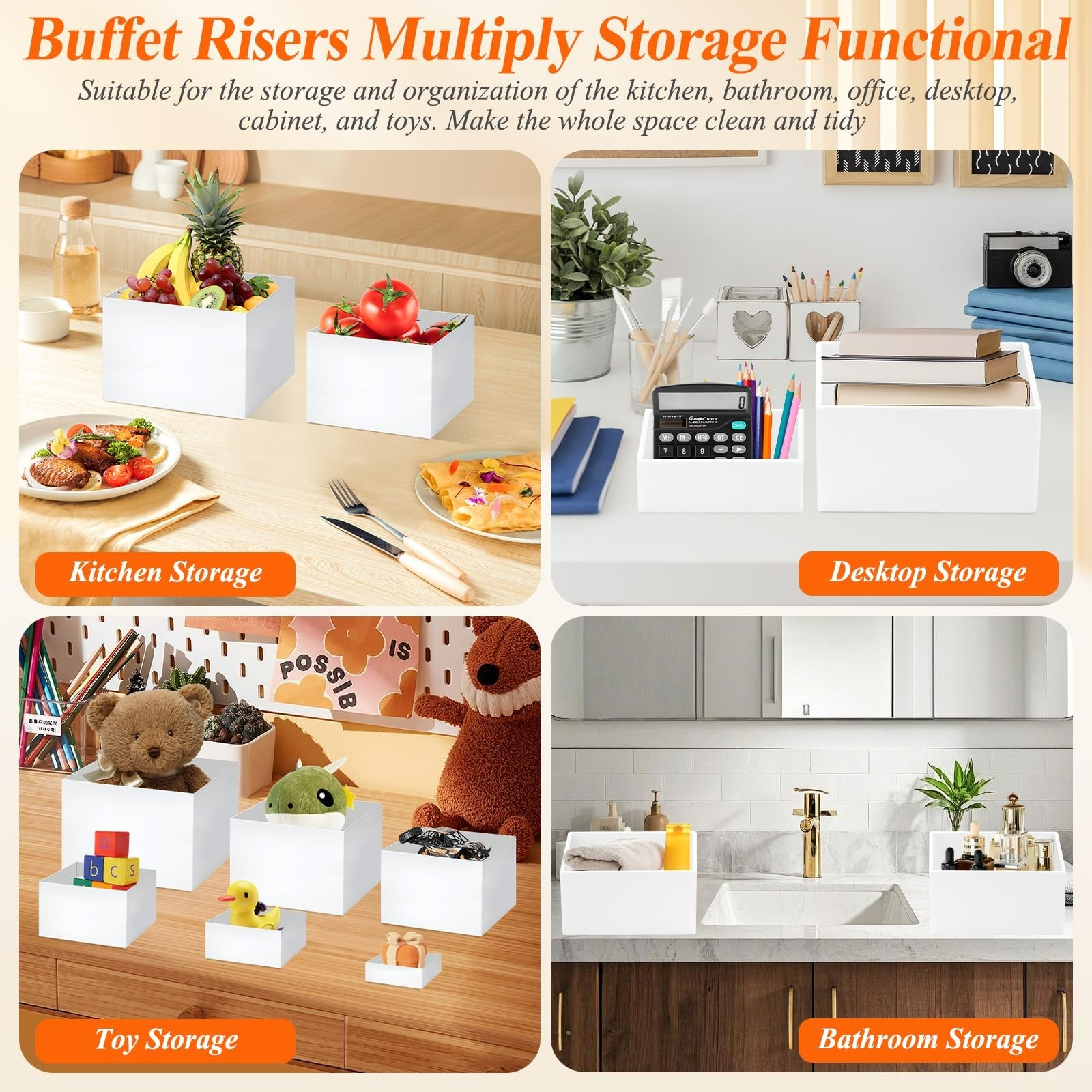 6 Pcs White Acrylic Buffet Risers with Mini Sign and Maker, Food Display Stands