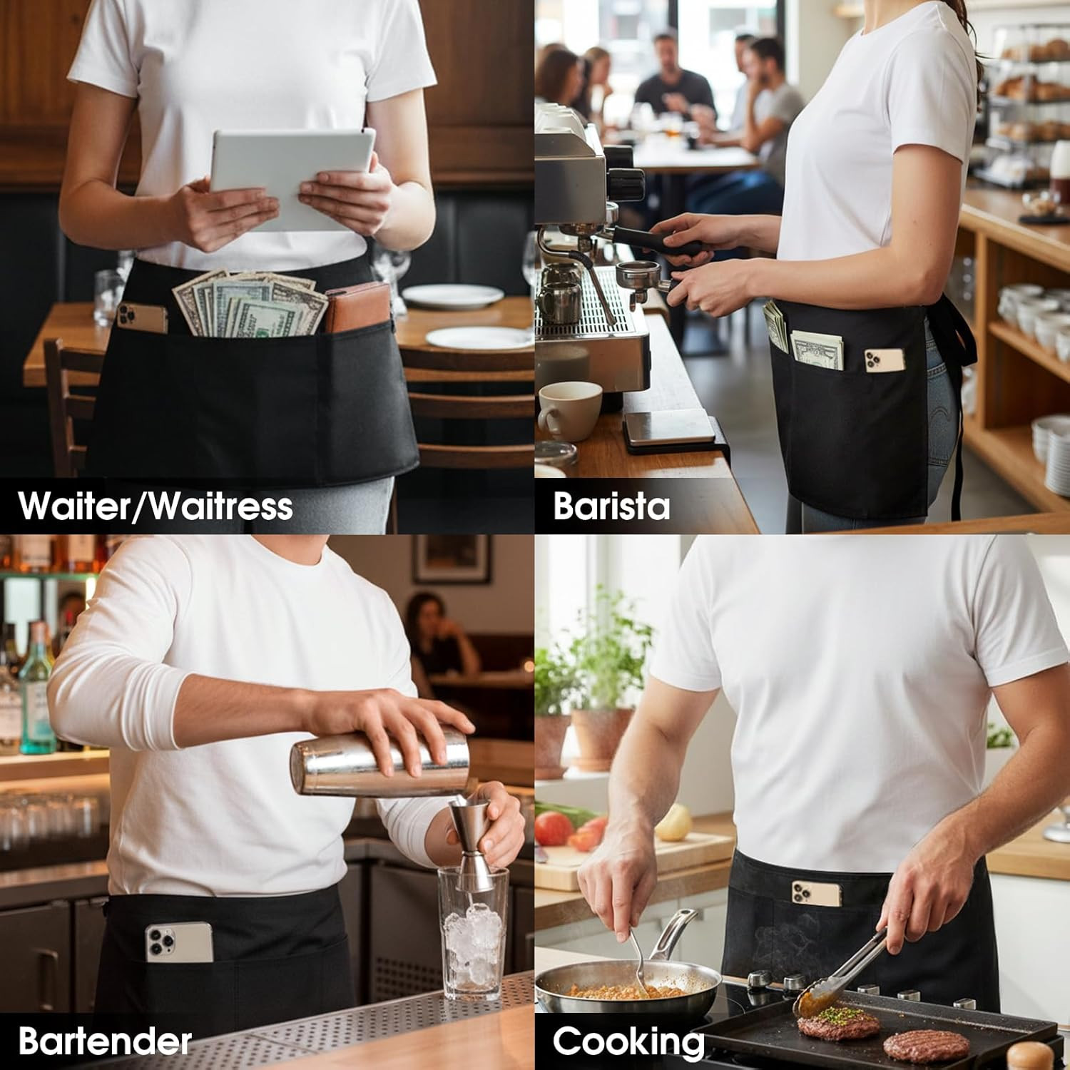 4 Pack Waitress Apron With 3 Pockets-Black Server Aprons-Waiter Short Half Waist