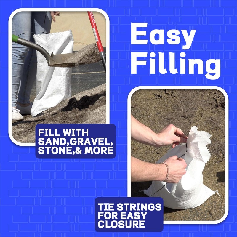 White polyethylene woven sandbags, 14 x 26 in (pack of 50)+ 1 roll of tie straps