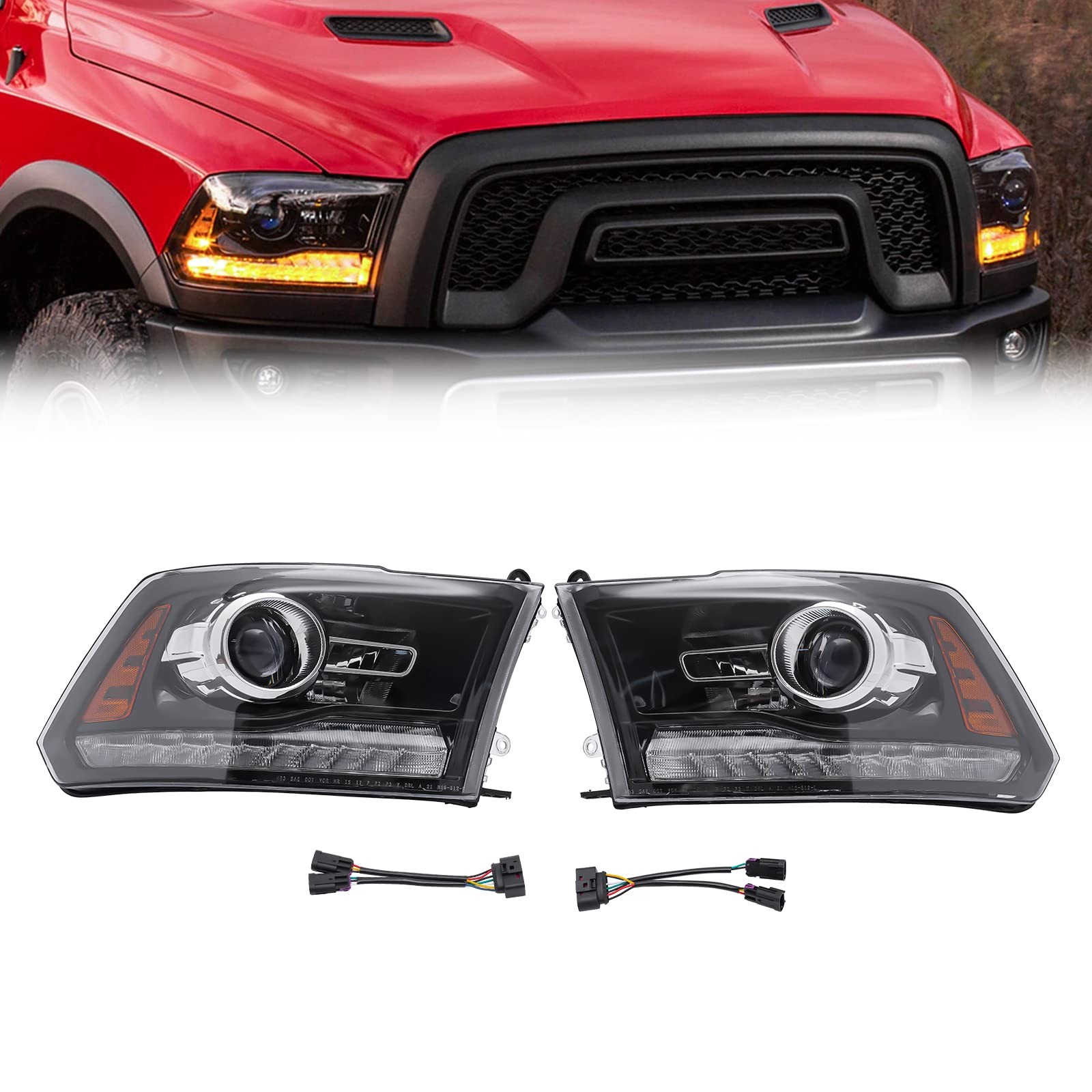 13-18 for Ram 1500 2500 3500 19 Classic Proj Headlight Pair LED DRL Halog CH2502