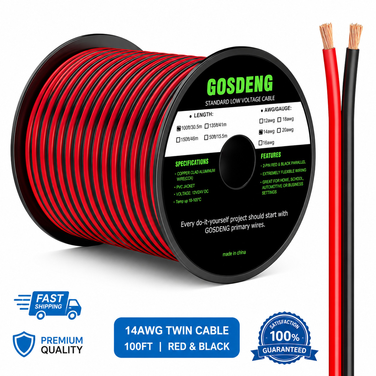 14 Gauge Wire 100FT, 2 Conductors Electrical Wire Red and Black Cable, Low Volta