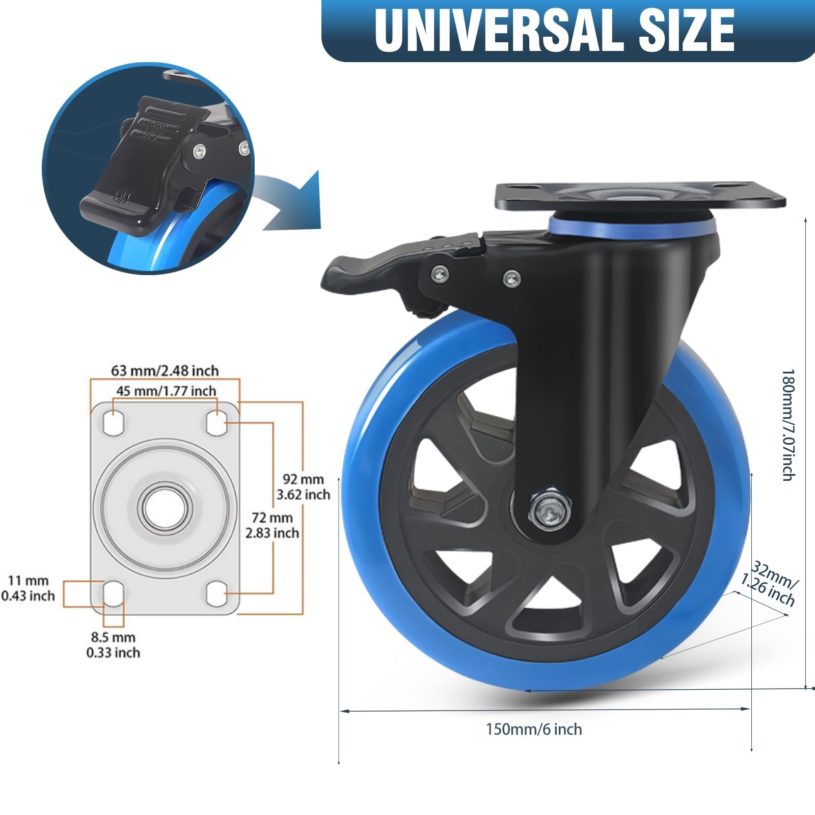 6 Caster Wheels 2800Lbs set of 4 w/ Brake Dual Lock Top Plate