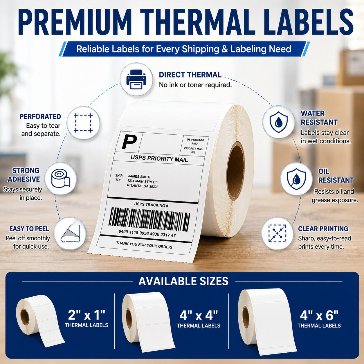 Direct Thermal Labels White Perforated Strong Adhesive Water Resistant Stickers