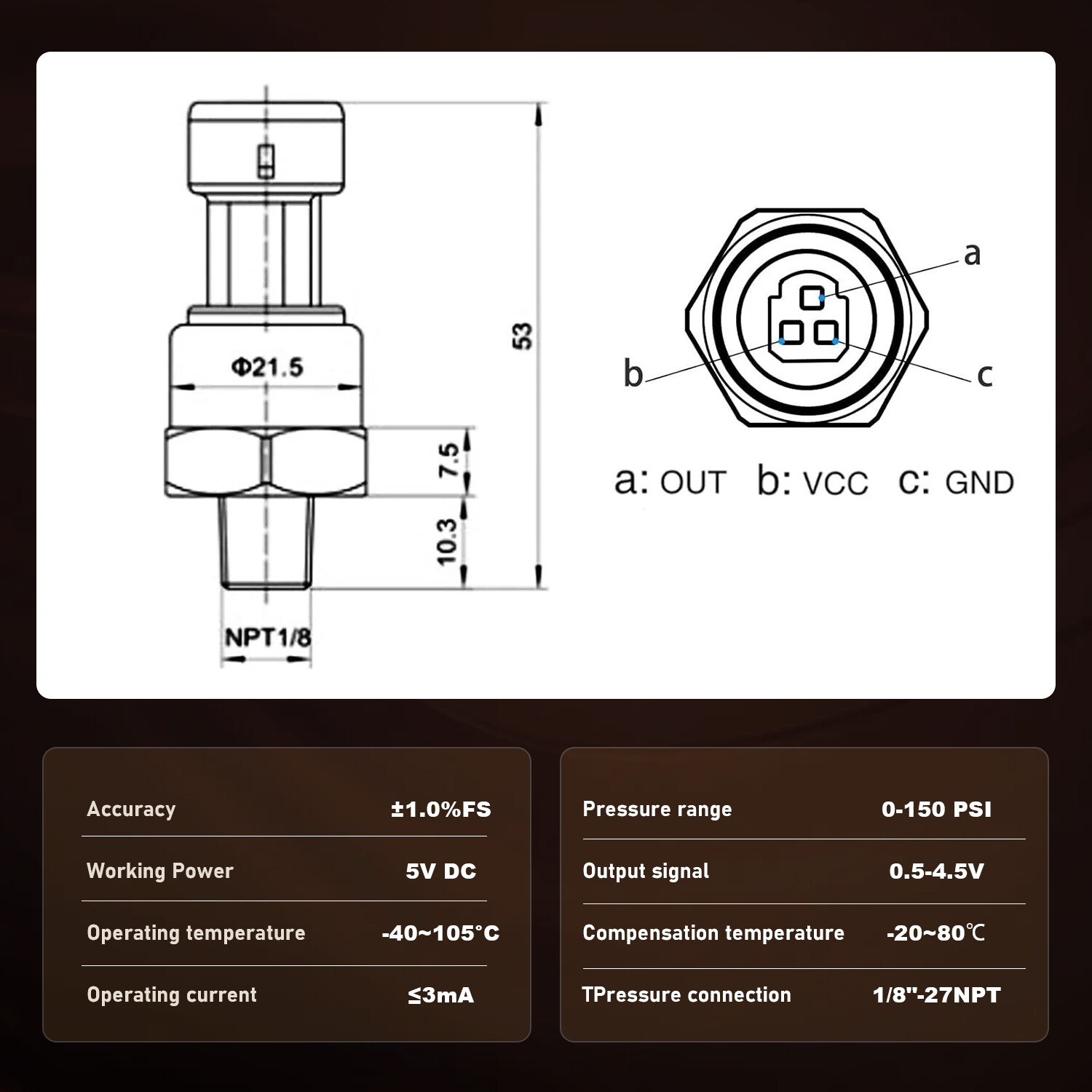 150 PSI Stainless Steel Thread Pressure Transmitter Sensor for Gas Oil