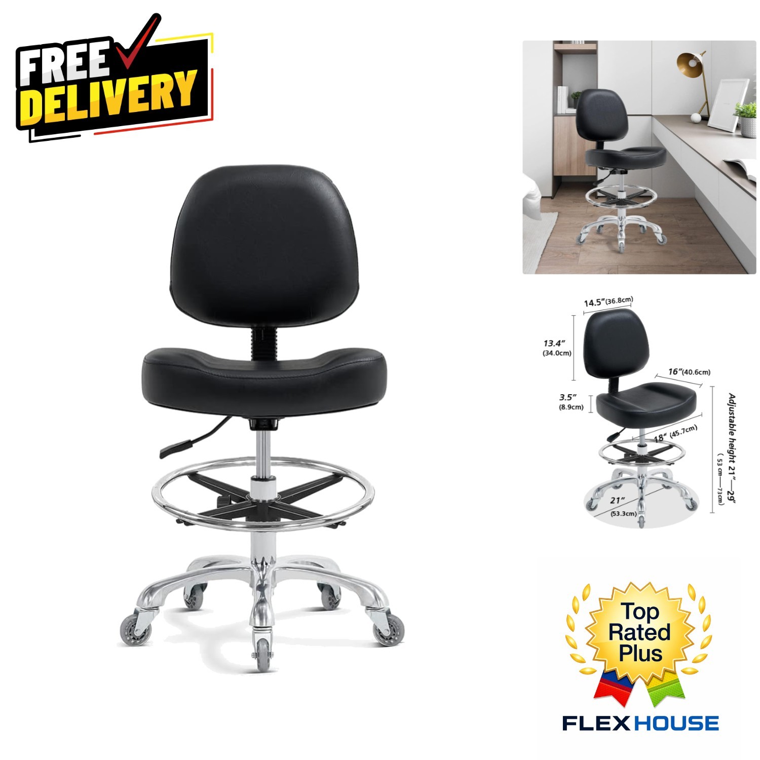 Ergonomic Drafting Chair with Adjustable Height for Comfort – Black Faux Leather