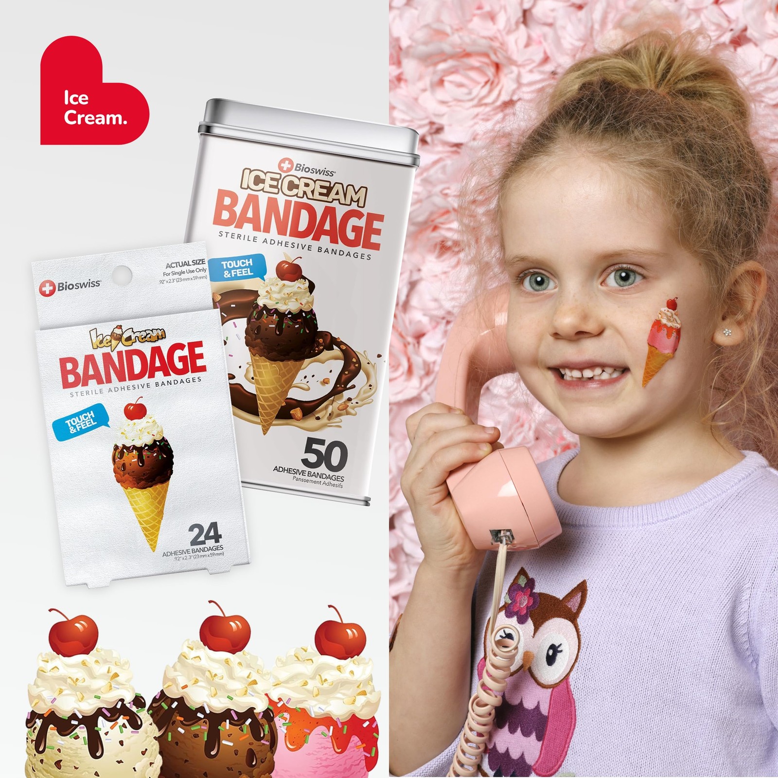 BioSwiss Bandages, Ice Cream Shaped Self Adhesive Bandage Set, Latex 50 Count