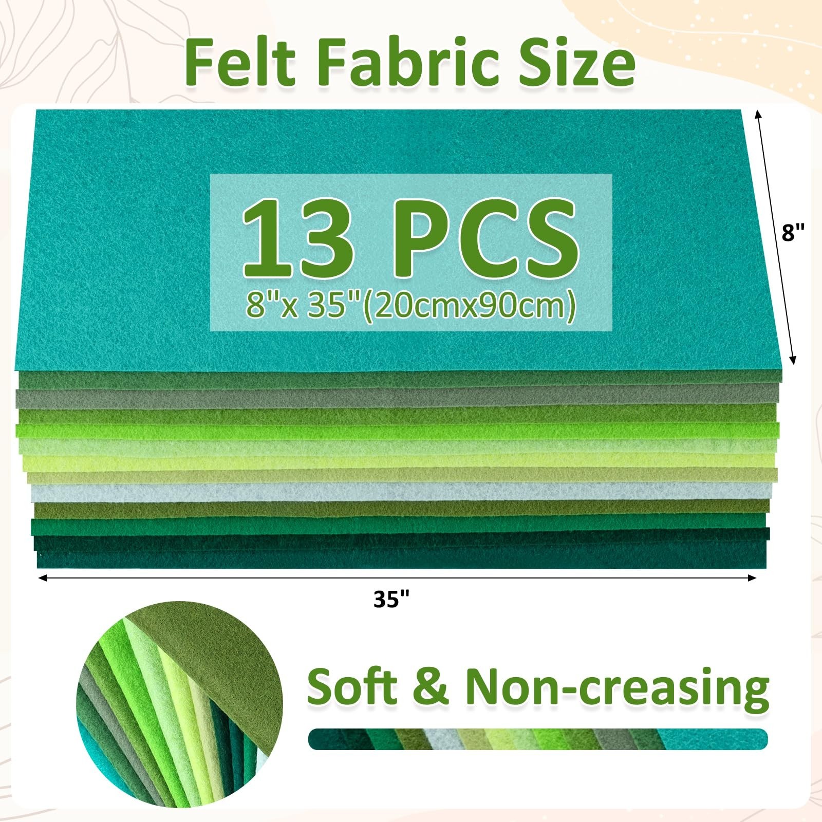 XSEINO 13 Rolls 8″x35″ 1.4mm Thick Soft Felt Fabric Sheet 13 Assorted Green S…