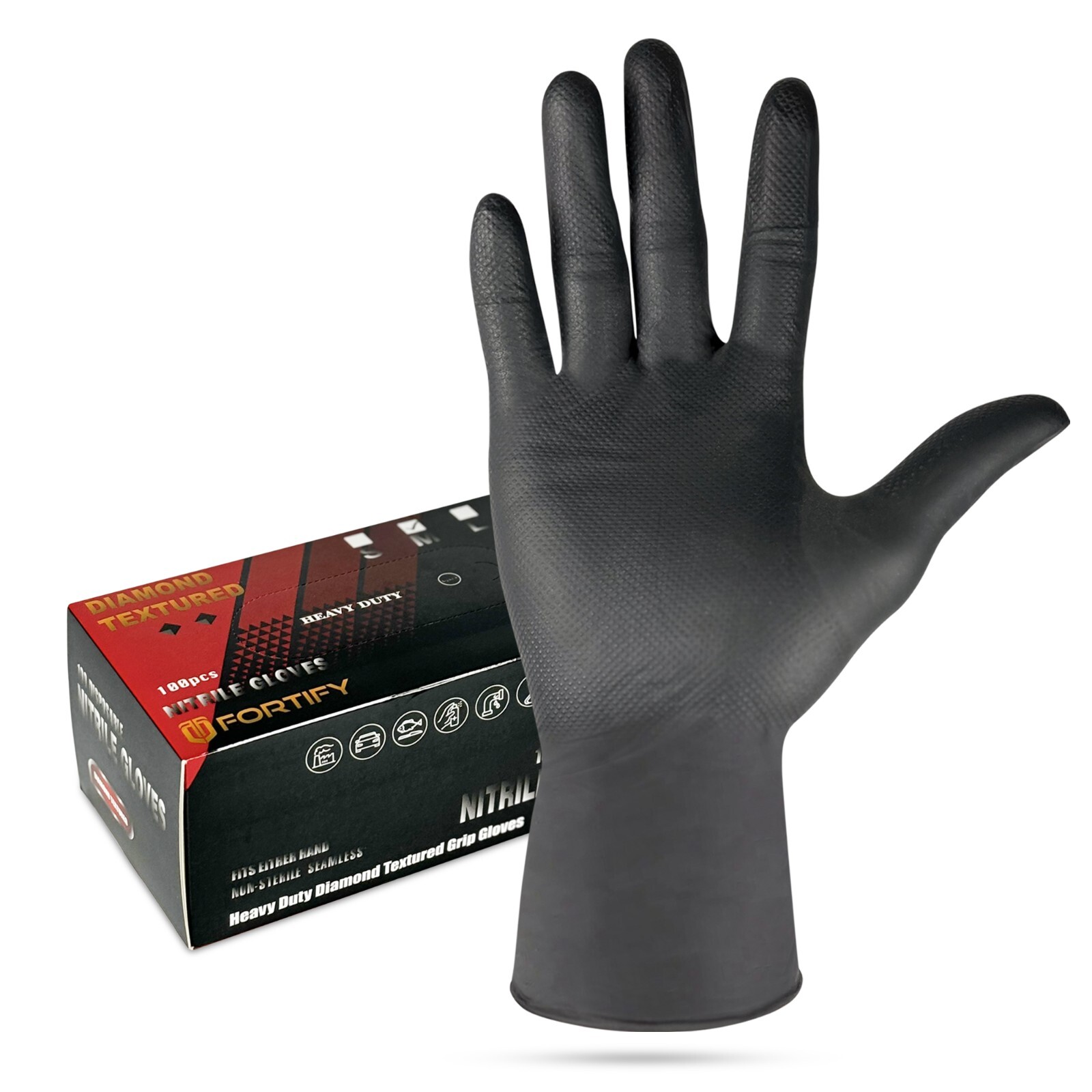Fortify Diamond Textured Nitrile Gloves – 7mil Heavy Duty, food safe Black