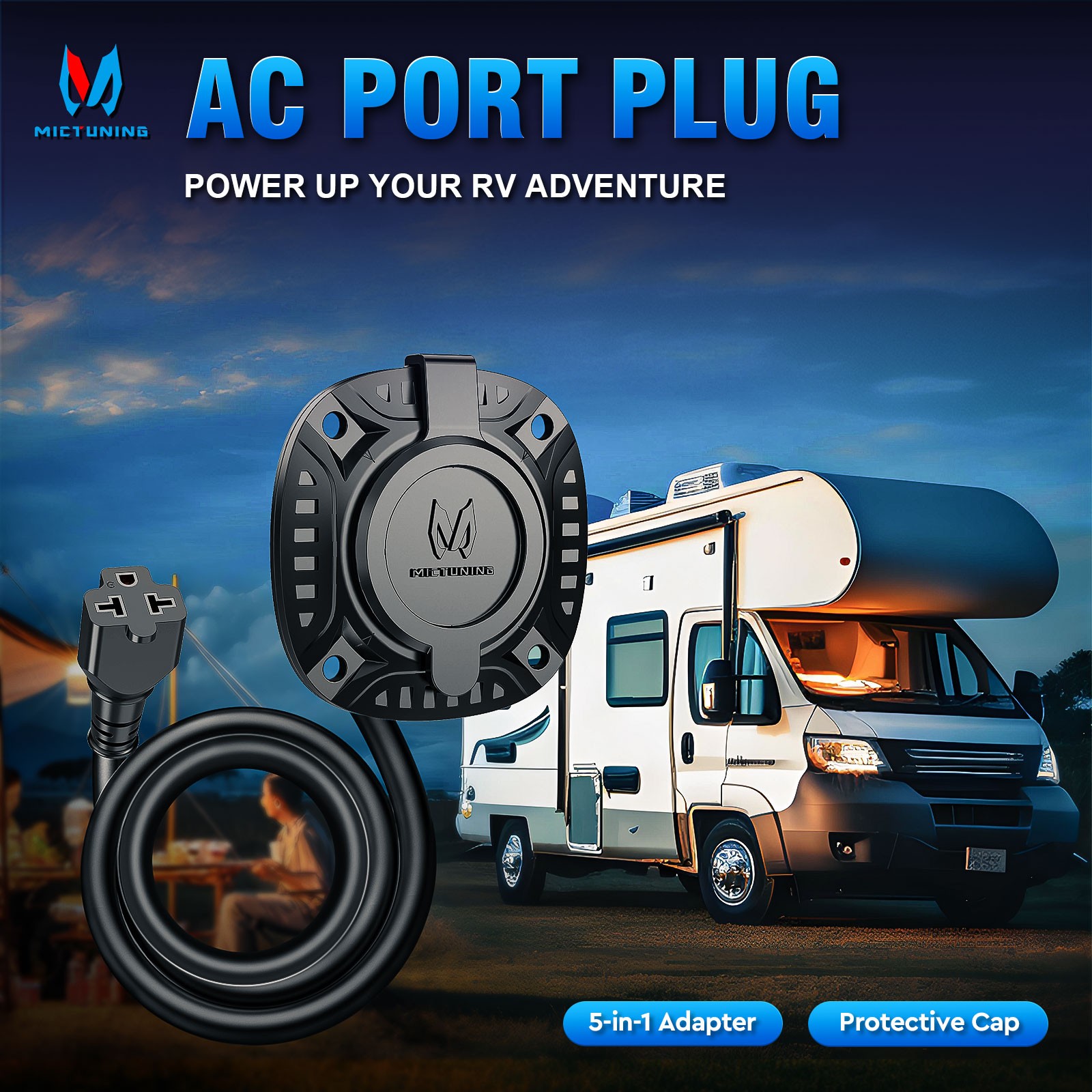 5-in-1 AC Port Plug 20A 125V, 12AWG RV Shore Power Inlet Socket T-Blade Adapter