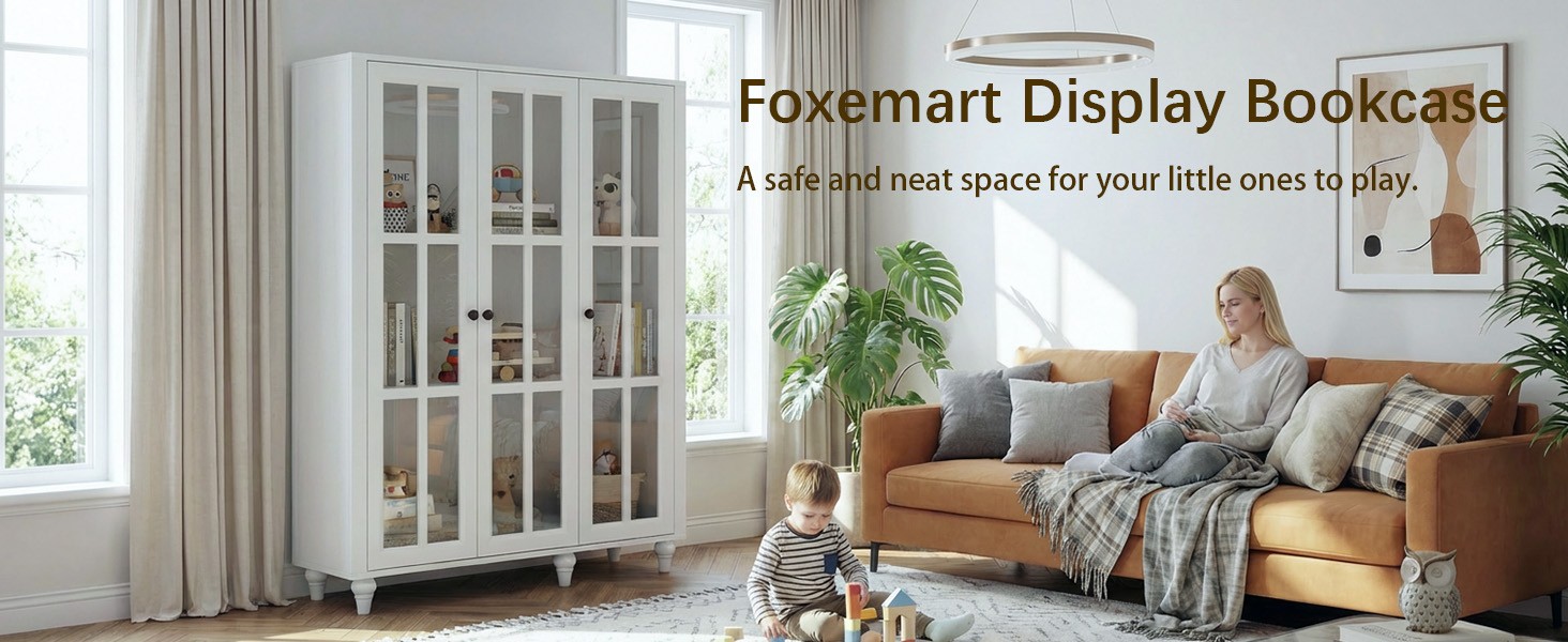 51 Inch Display Bookshelf, 3 Tier Wood Bookcase with 3 Glass Doors &