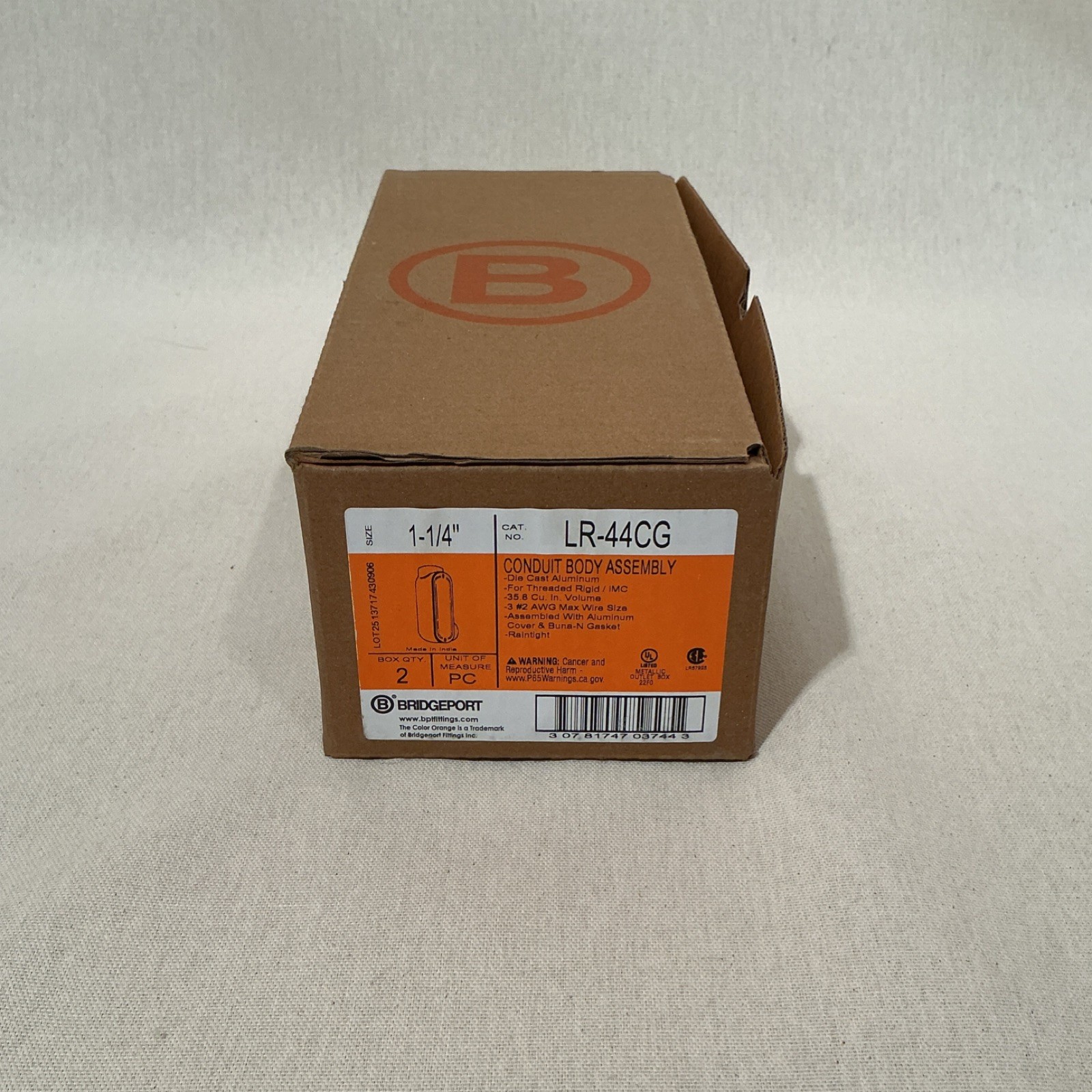 Bridgeport LR-44CG, 1-1/4”, Die Cast Aluminum, Conduit Body Assembly. Box of 2