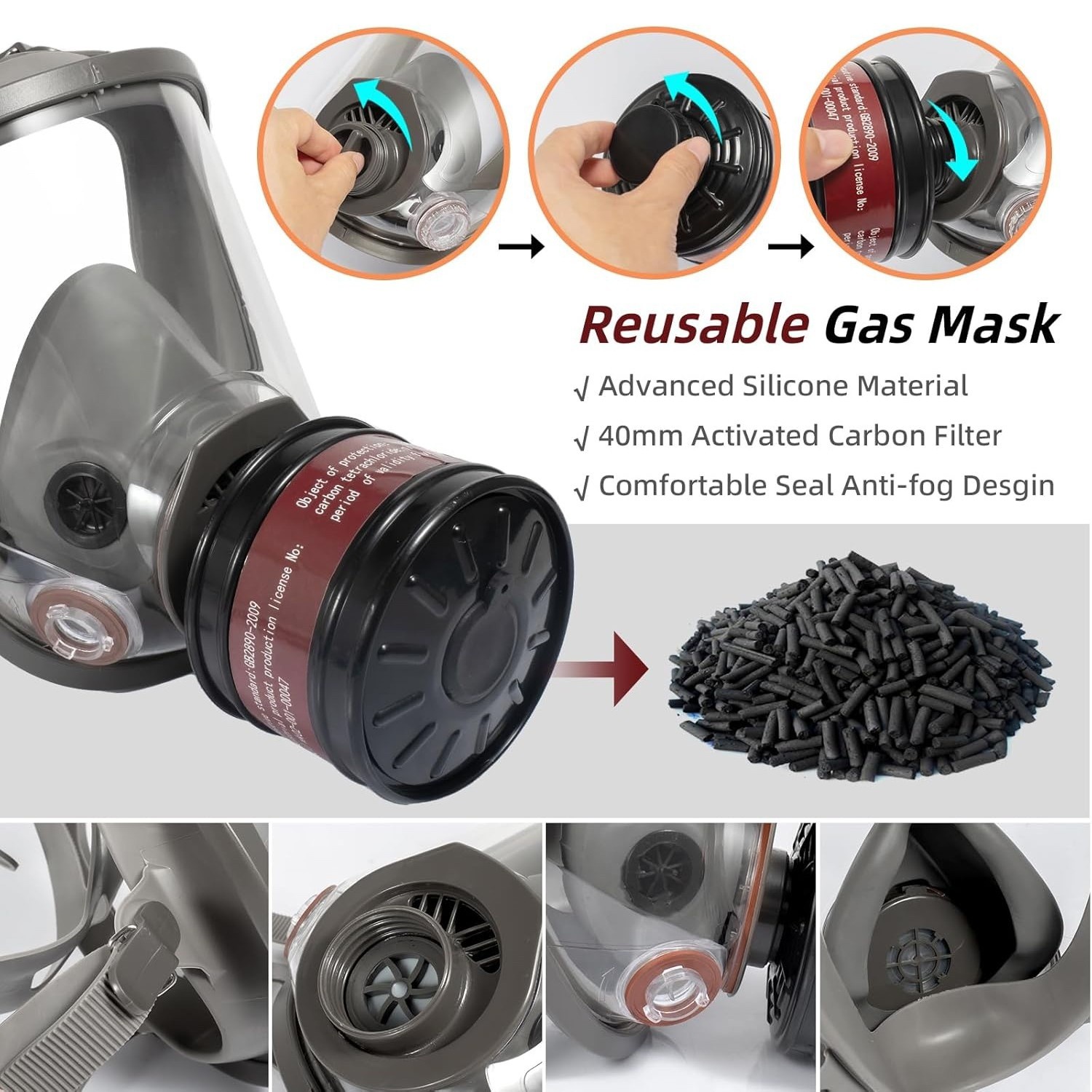 Full Face Respirator Gas Mask w/ Filters -2PCS 40mm Activated Carbon Filter 6800