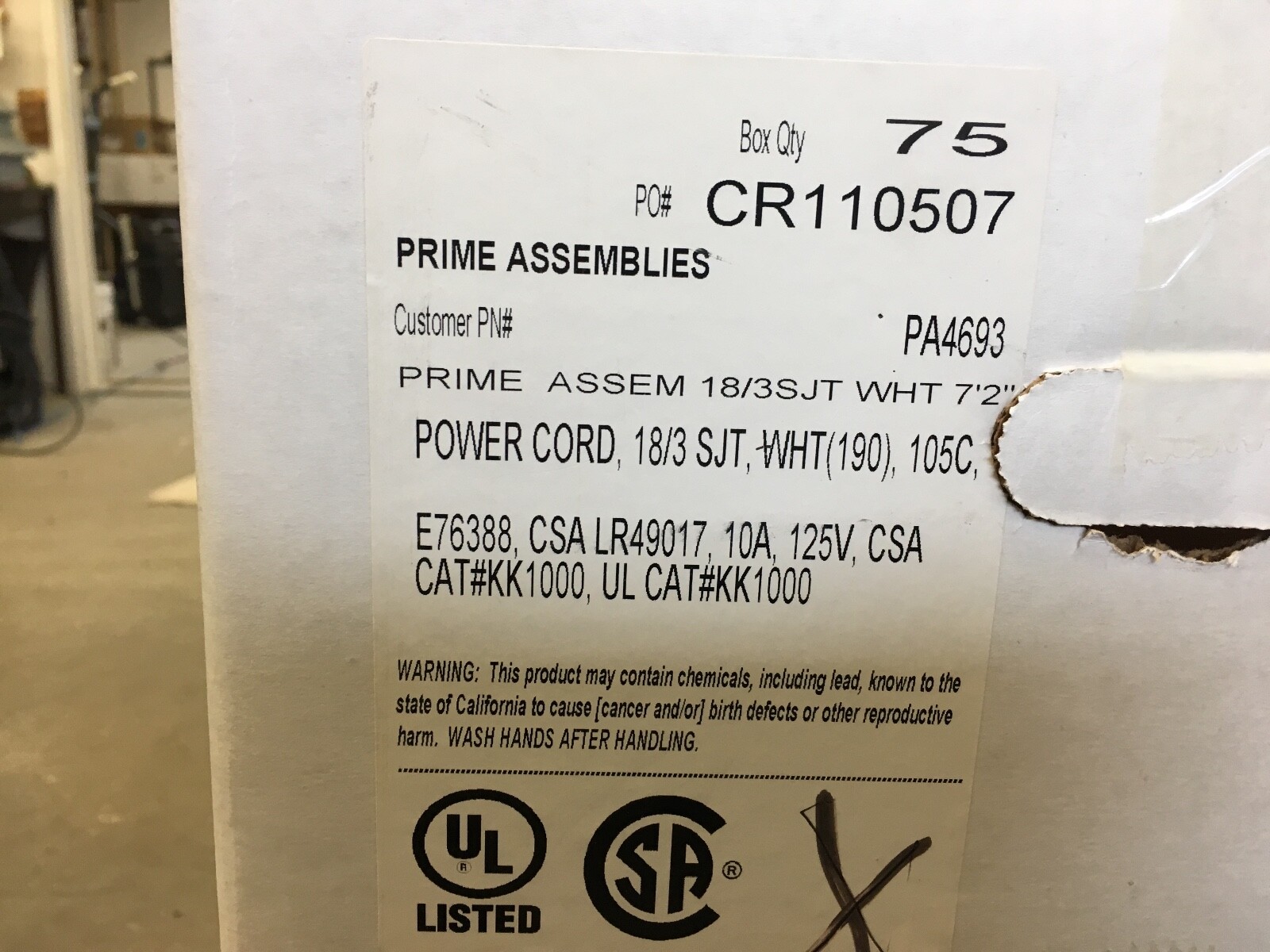18-3 SJTOW 84″ OVER ALL120 VOLT POWER CORD,WHITE NEMA 515 PLUG