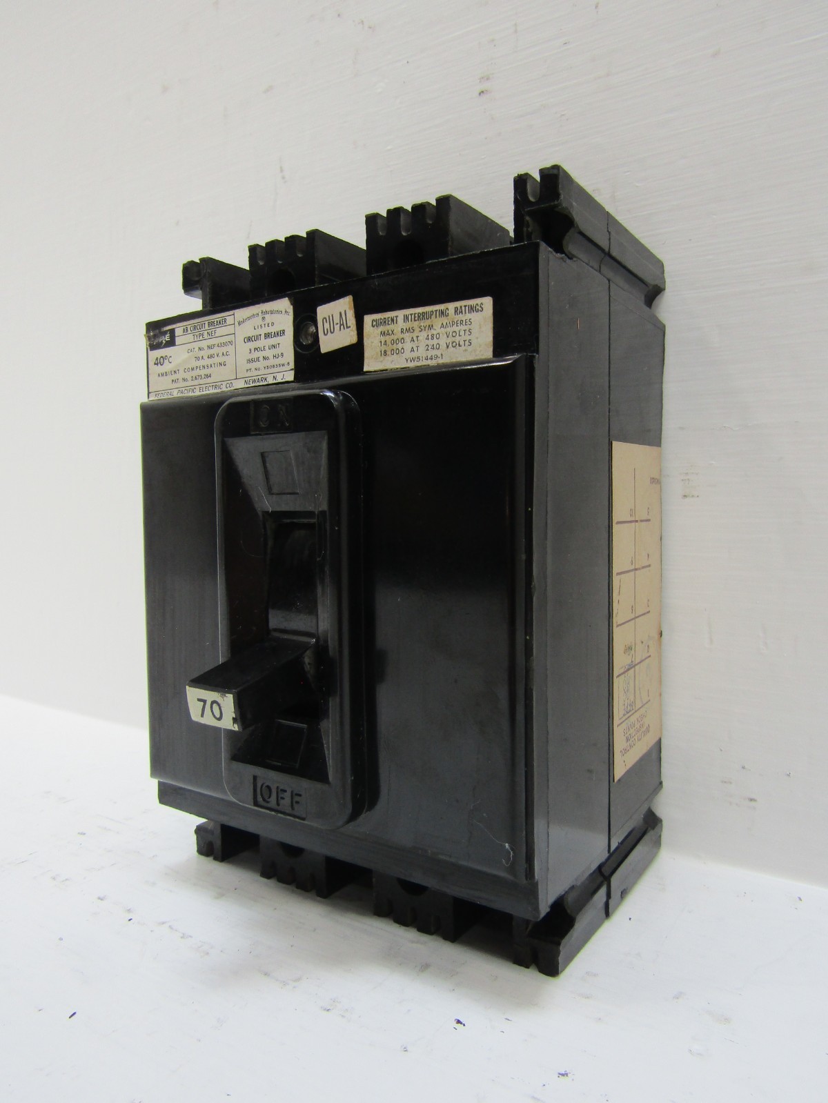 FPE Federal Pacific NEF433070 70 Amp 480V 3-Pole NEF AB Circuit Breaker 70A 3P