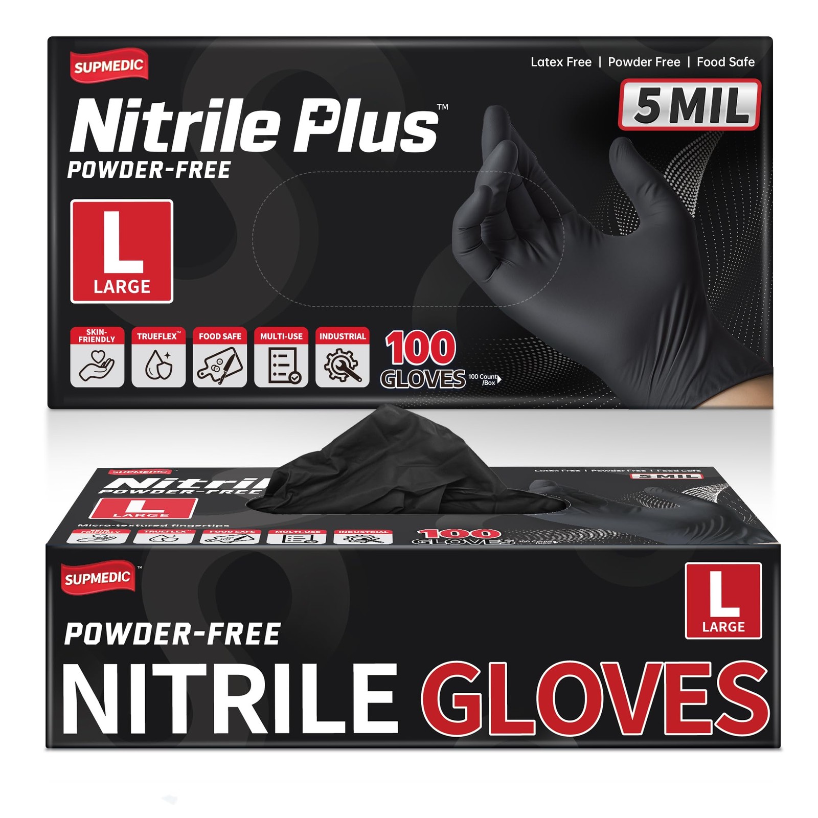 Supmedic Black Nitrile Exam Gloves, 5 Mil Chemical Large, (Black) Large