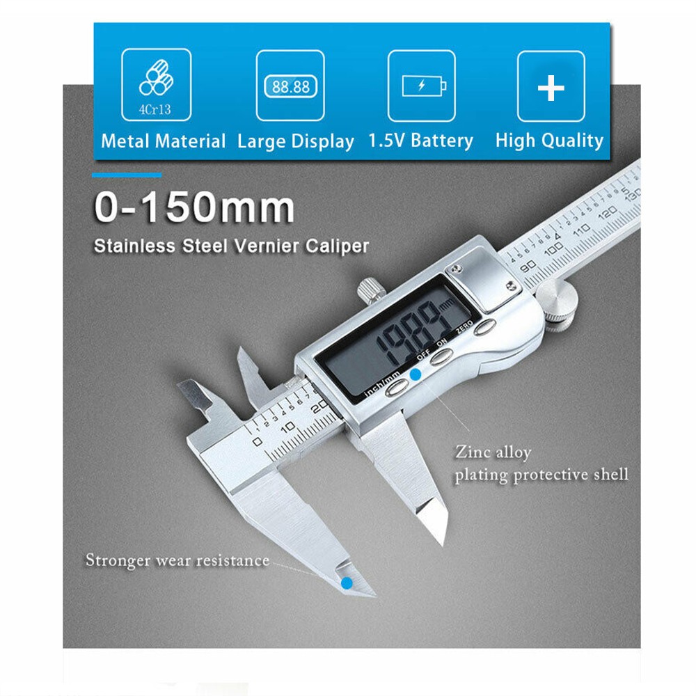 150mm Stainless Steel Caliper Vernier Micrometer Electronic Measuring Tool Ruler