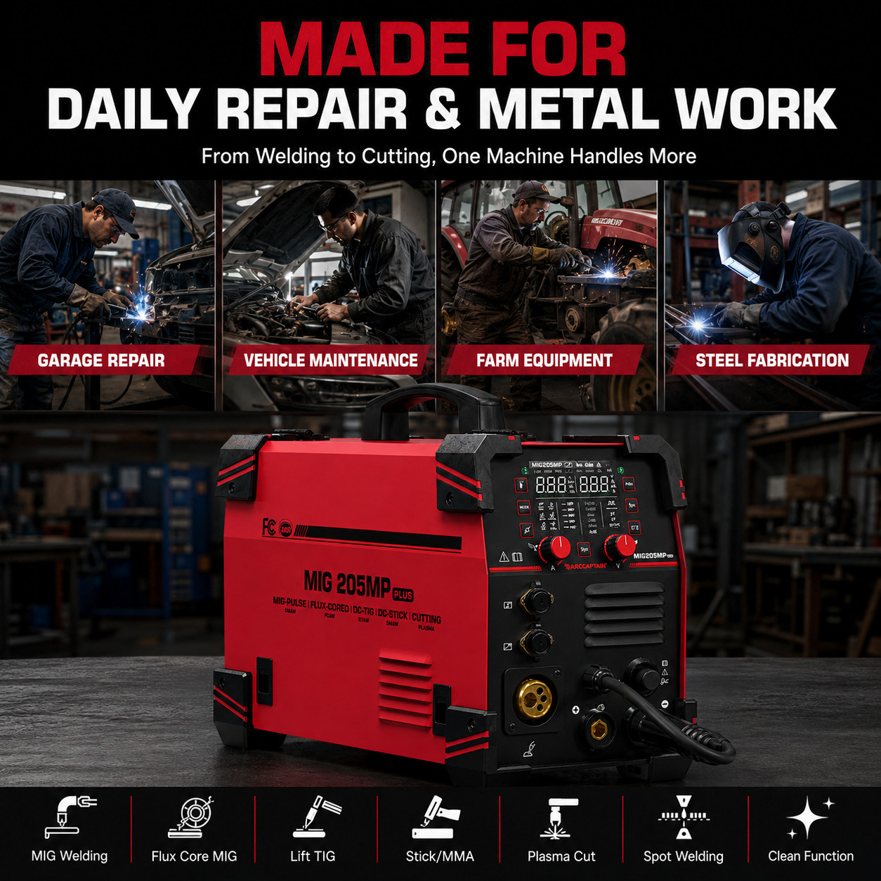 ARCCAPTAIN MIG205MP PLUS MIG Welder 9 IN 1 iControl MIG/Cut/TIG/Stick/Clean/Spot