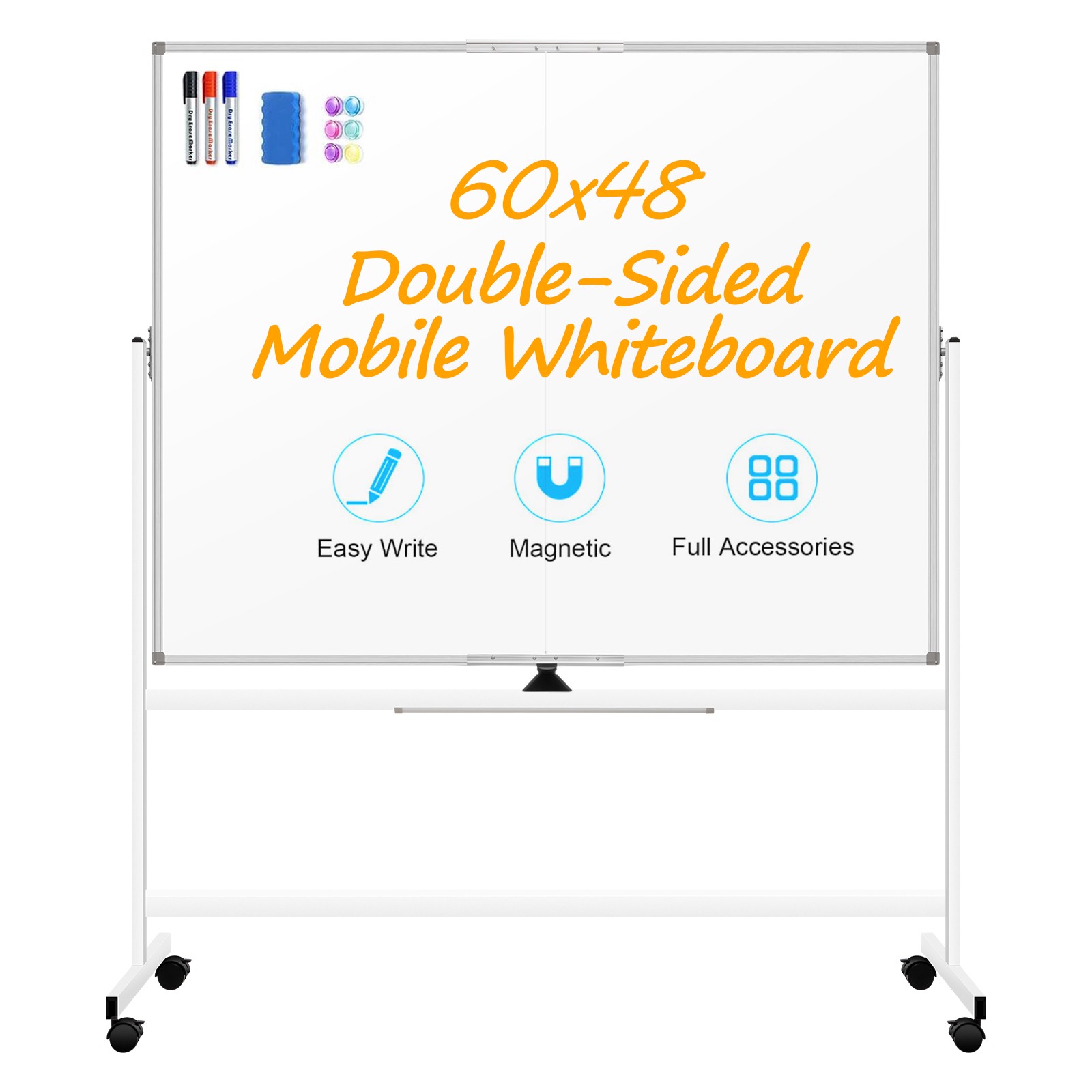 60″ x 48″ Large Double-Sided Magnetic Mobile Whiteboard Rolling Dry Erase Board