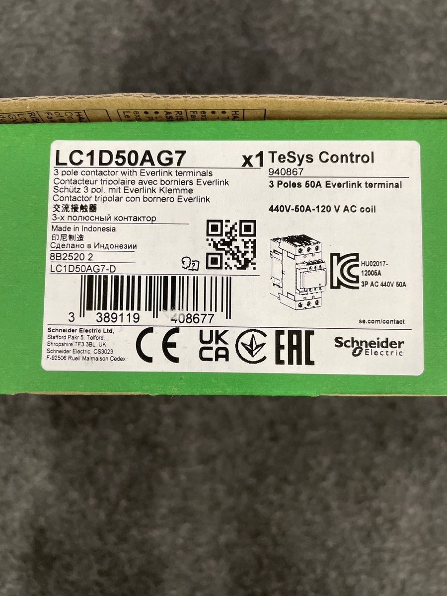 SCHNEIDER ELECTRIC LC1D50AG7 Contactor, TeSys Deca, 3P, 50A, 120V AC