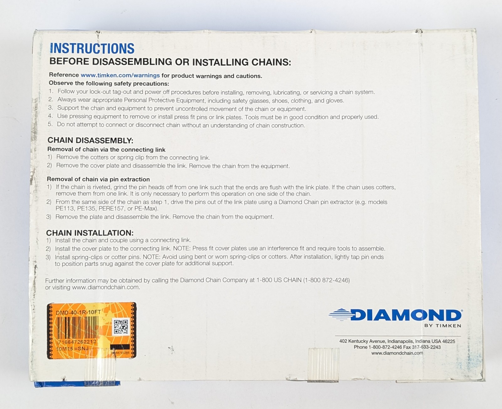 Diamond DMD-40-1R-10FT Roller Chain No 40 Single Strand 10 Feet Timken