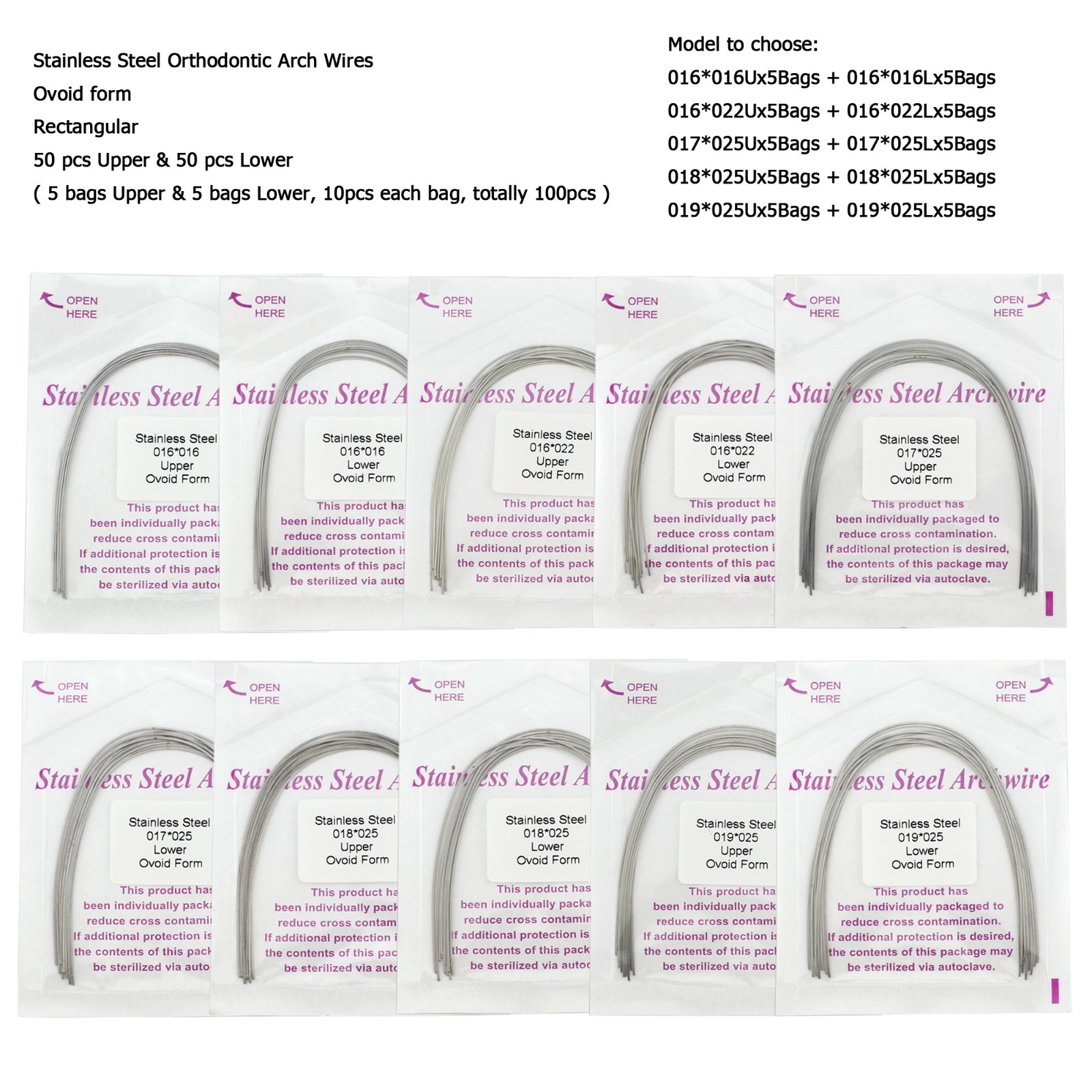 100PC Orthodontic Arch Wire Niti Stainless Steel Ovoid Natural Round Rectangular