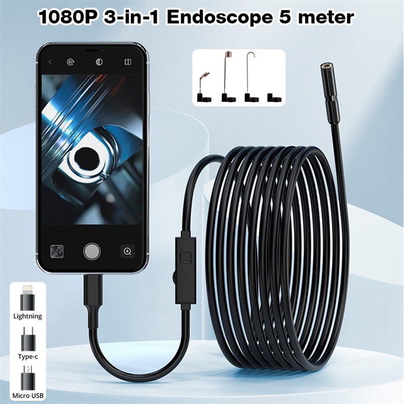 IP67 Waterproof 3in1 Endoscope 1080P 8 Adjustable LED 5M Flexible Snake Camera