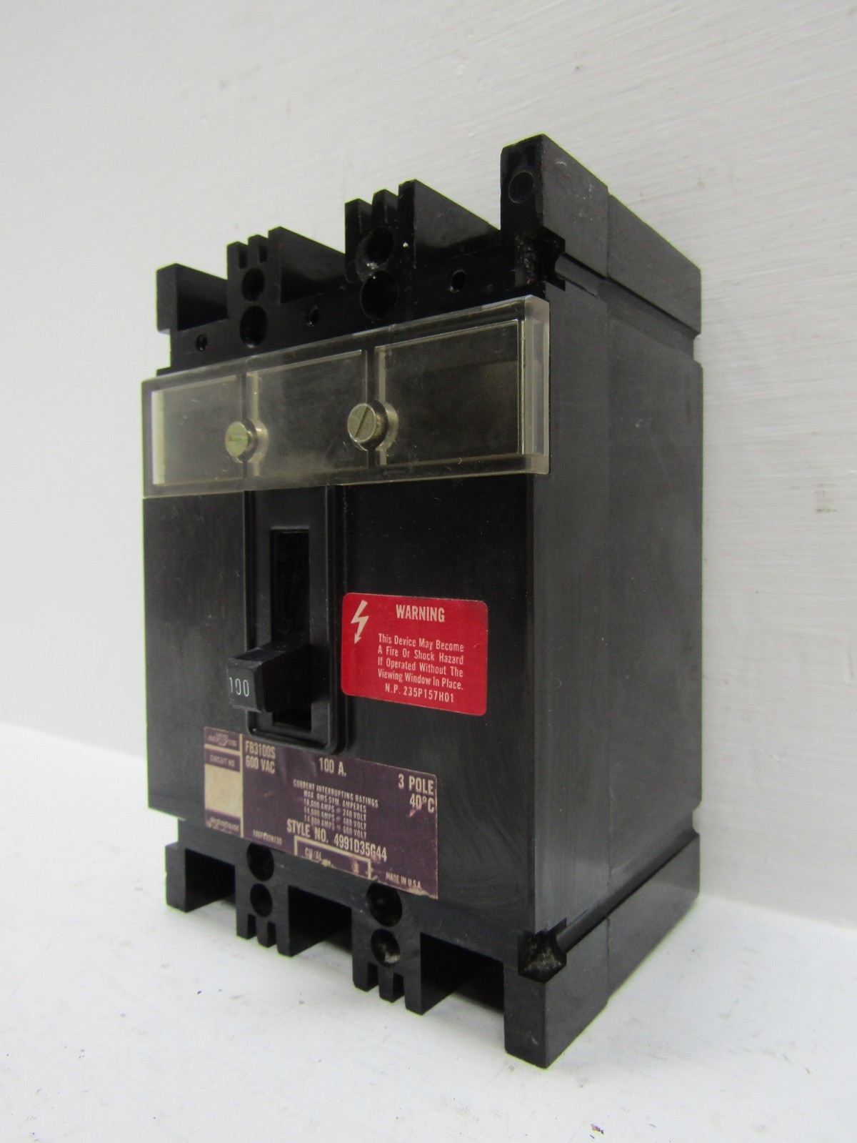 Westinghouse FB3100S 100 Amp 600V 3-Pole SafTvue Circuit Breaker 100A 4991D35G44