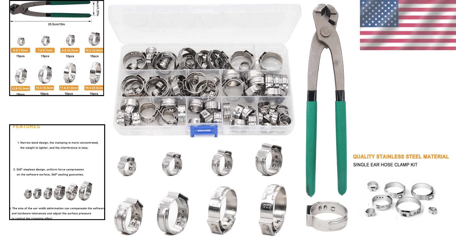 Single Ear Hose Clamps Oetiker 92Pcs(6.0mm-22.6mm) Crimp Pipe Assortment Kit