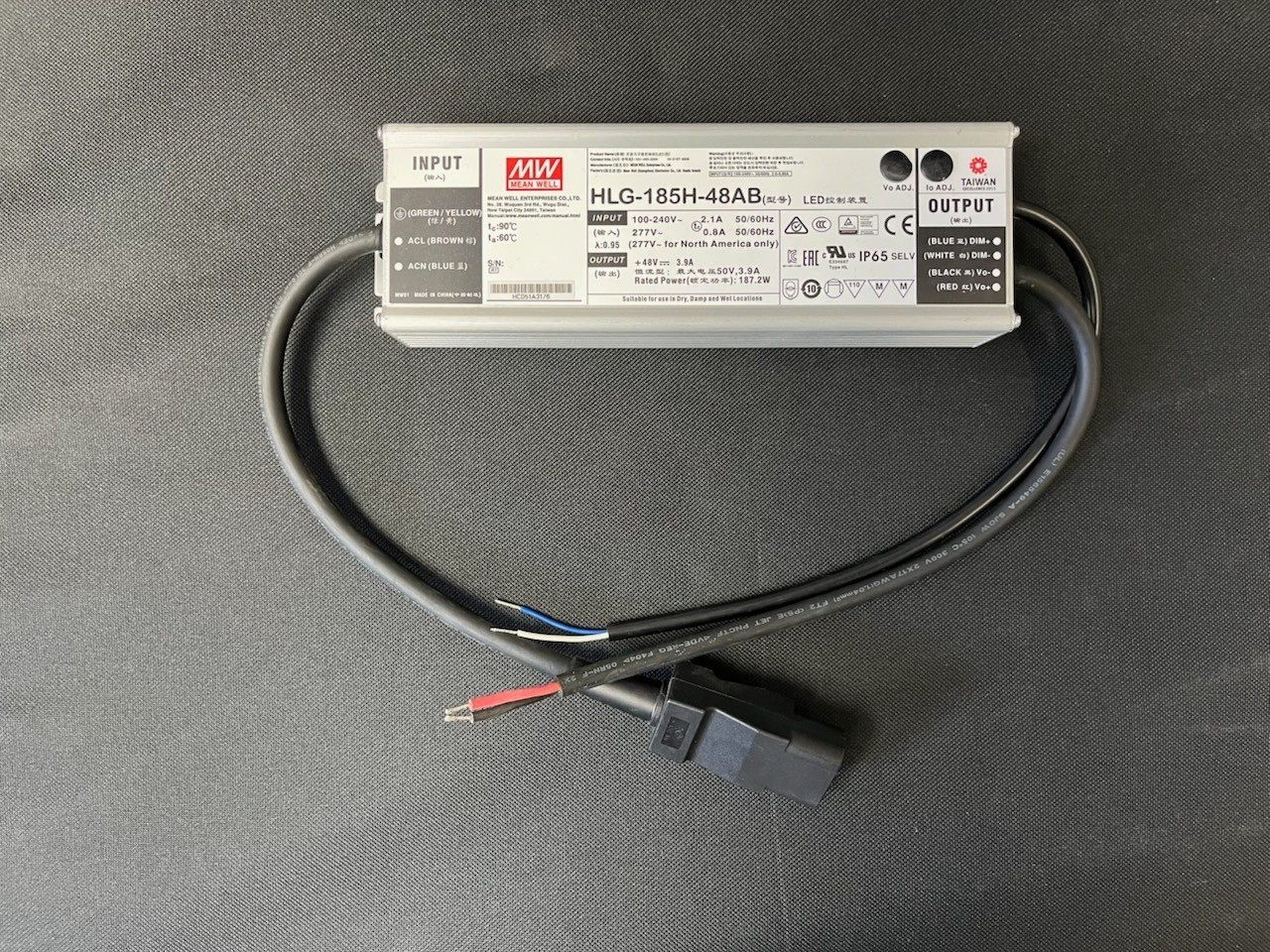Mean Well HLG-185H-48AB, 3.9A 48V Constant Current, Voltage LED Driver AC DC