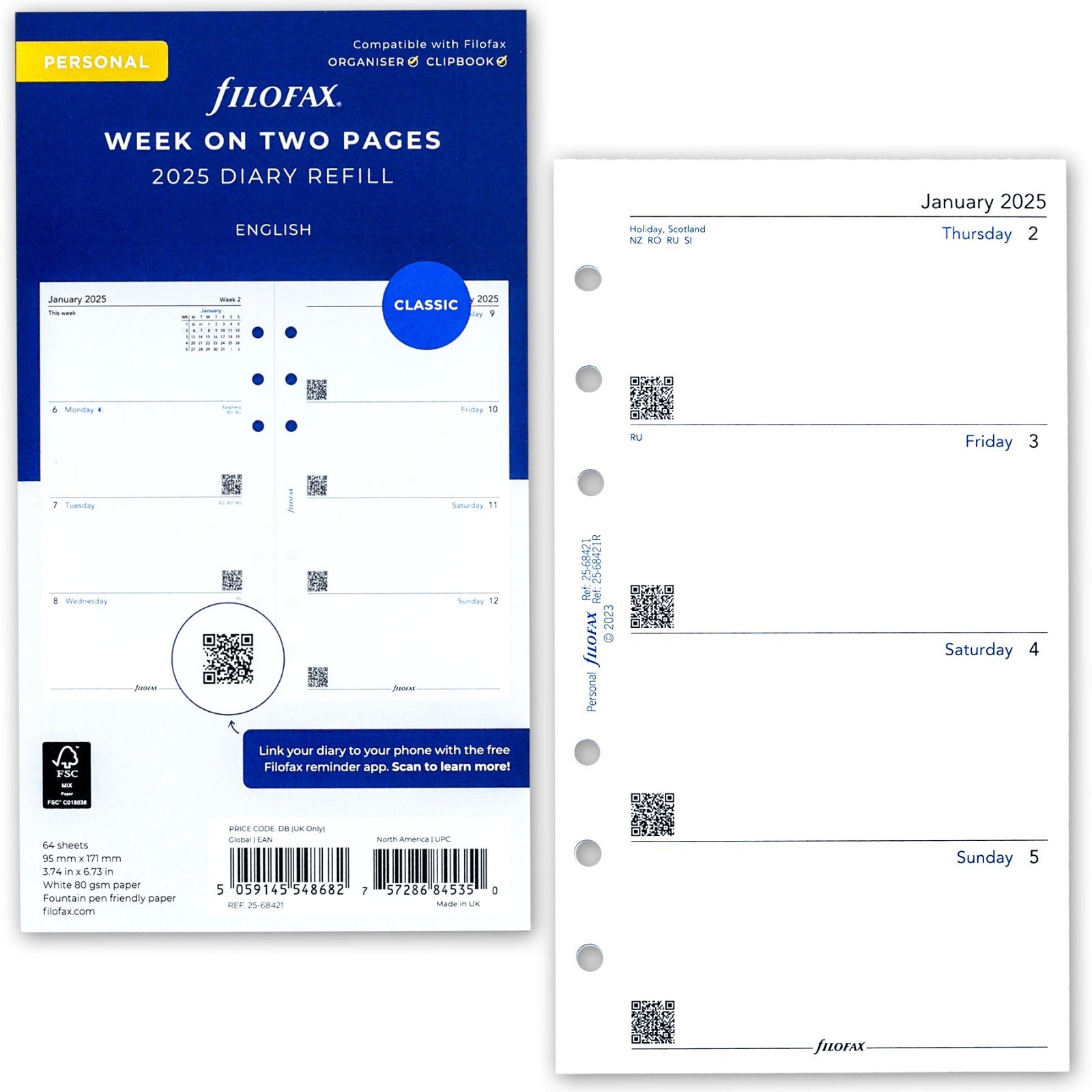 2025 Filofax Personal Size Refill 25-68421 Week on Two Pages, 95mm x 171mm