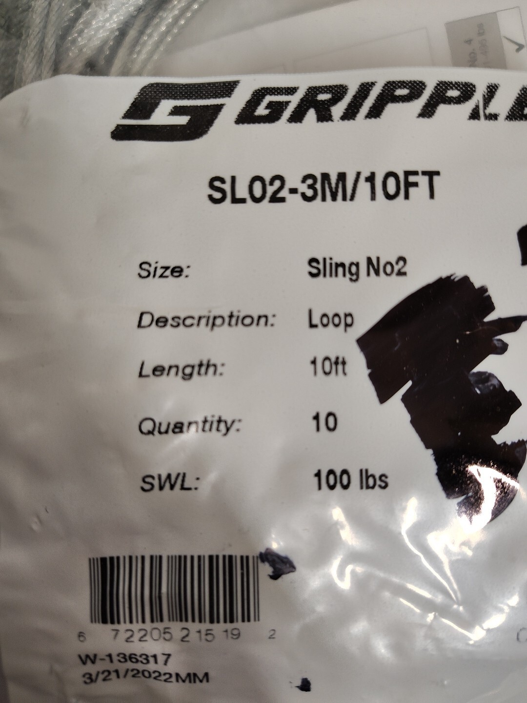 GRIPPLE SL02-3M/10FT SLING No2 100lbs 10per Bag Loop