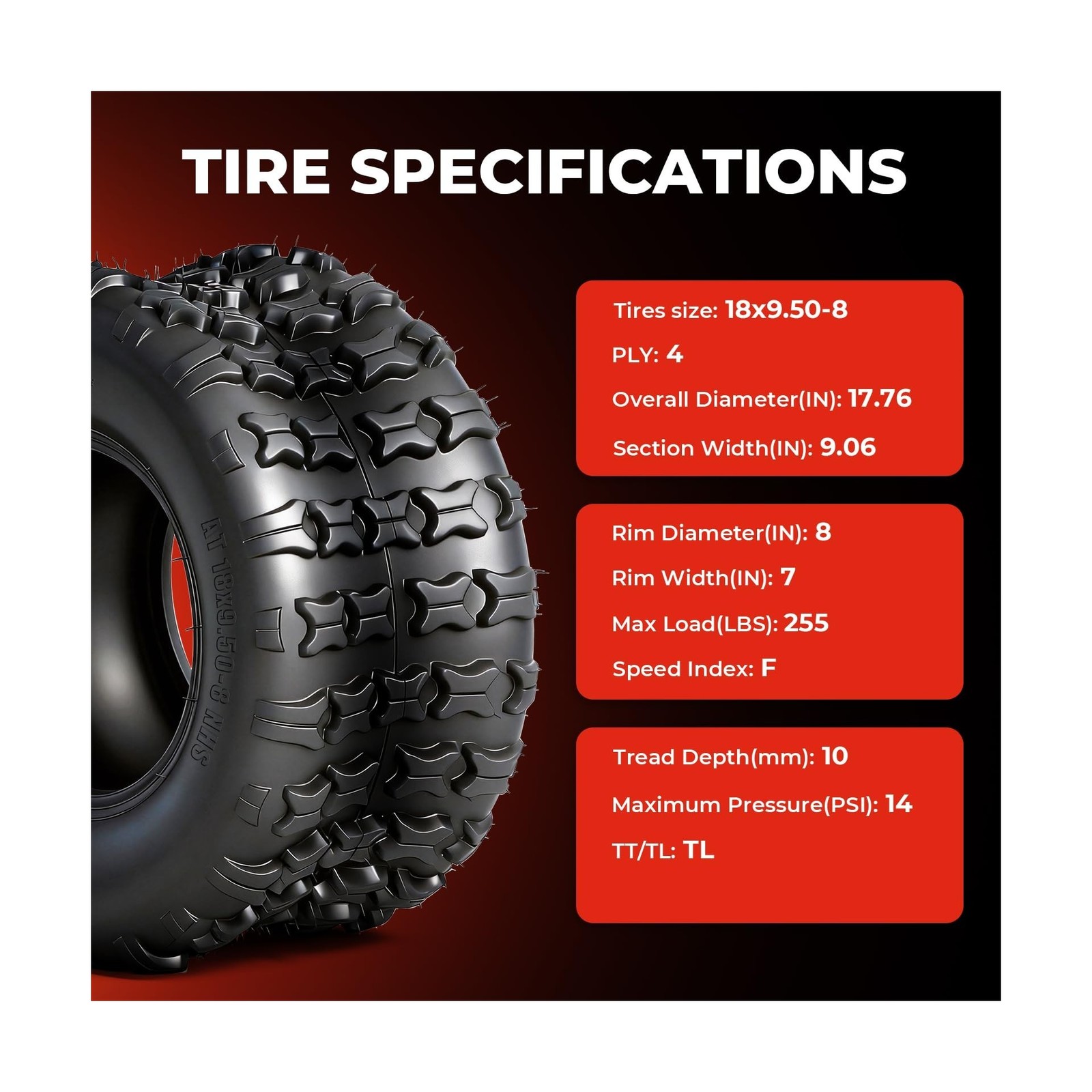 Set of 2 18×9.5-8 ATV UTV Tires, 18×9.5×8 All-Terrain Tires, 4-Ply Rated, Hea…