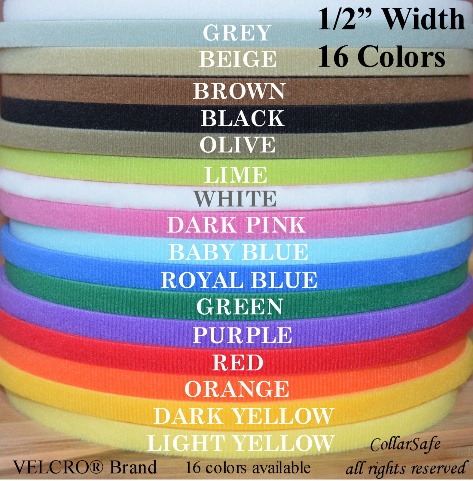 VELCRO® Brand ONE-WRAP® Strap – 16 Colors-1 YARD each-1/2″ width – 16 yds total