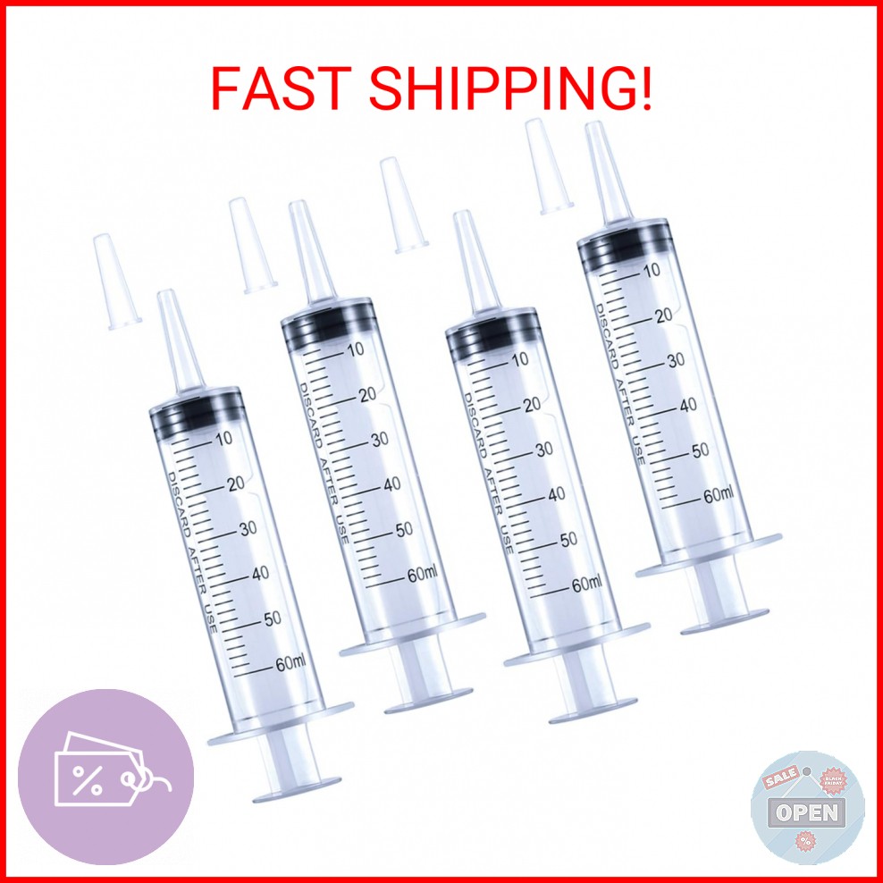 4 Pack 60mL Large Syringe for Liquid with Tip Cap, Plastic Liquid Syringes Indiv