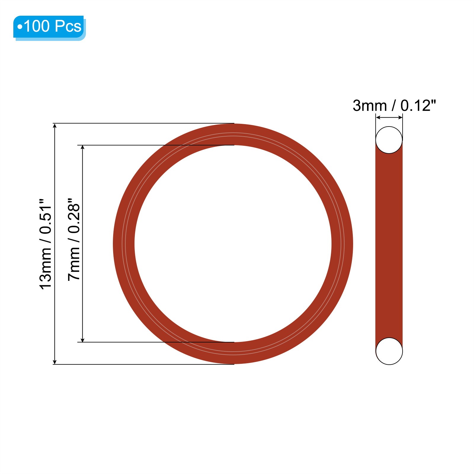 100Pcs Silicone O-Ring 13mm OD 7mm ID 3mm Width VMQ Sealing Gasket, Red