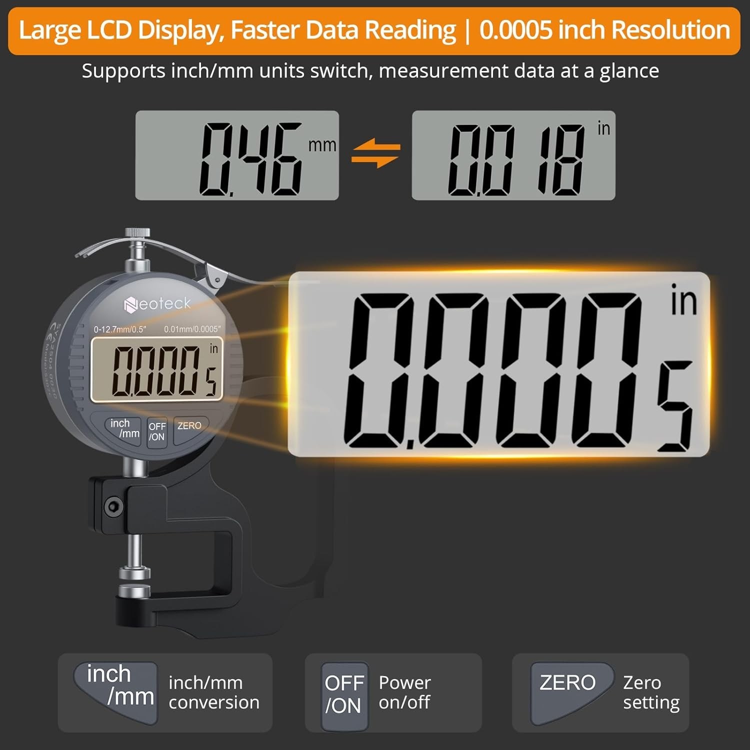 Neoteck Digital Thickness Gauge 0.5in 12.7mm 0.01mm LCD Inch/MM for Leather