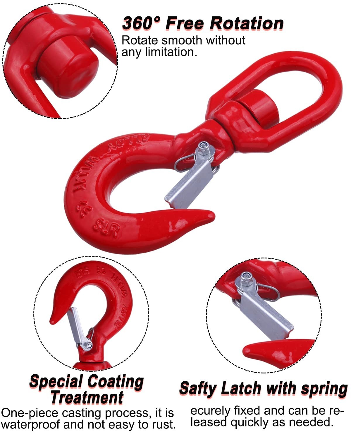1 Ton Swivel Lifting Hook Heavy Duty, Round Rotating Hook with Safety Latch, Hig